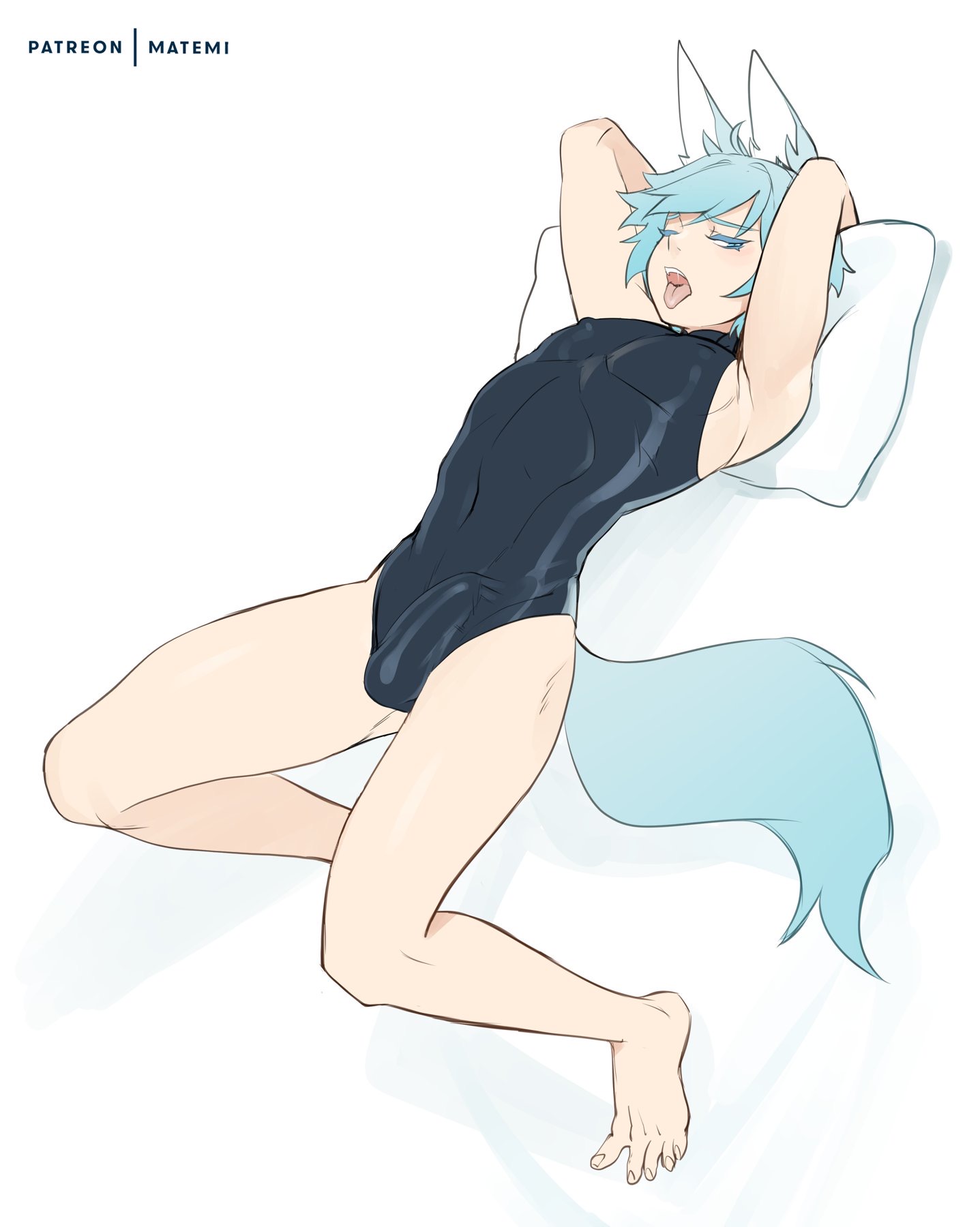 1boy, ahe gao, animal ears, animal tail, arched back, armpits, arms behind head, balls, balls bulge, balls under clothes, bare arms, bare legs, big penis, blue ears, blue fur, blue hair, blue tail, bulge, chongyun (genshin impact), erection, erection under clothes, feet, femboy, fluffy tail, fox boy, fox ears, fox tail, genshin impact, humanoid, latex, leotard, male, male nipples, male only, matemi, navel, nipple bulge, nipples, nipples visible through clothing, one-piece swimsuit, pecs, penis, penis outline, penis under clothes, pillow, pillow grab, shaved armpit, smooth skin, smooth skinned male, solo, swimsuit, teenager, toes, toned, toned male, tongue, tongue out, twink, young