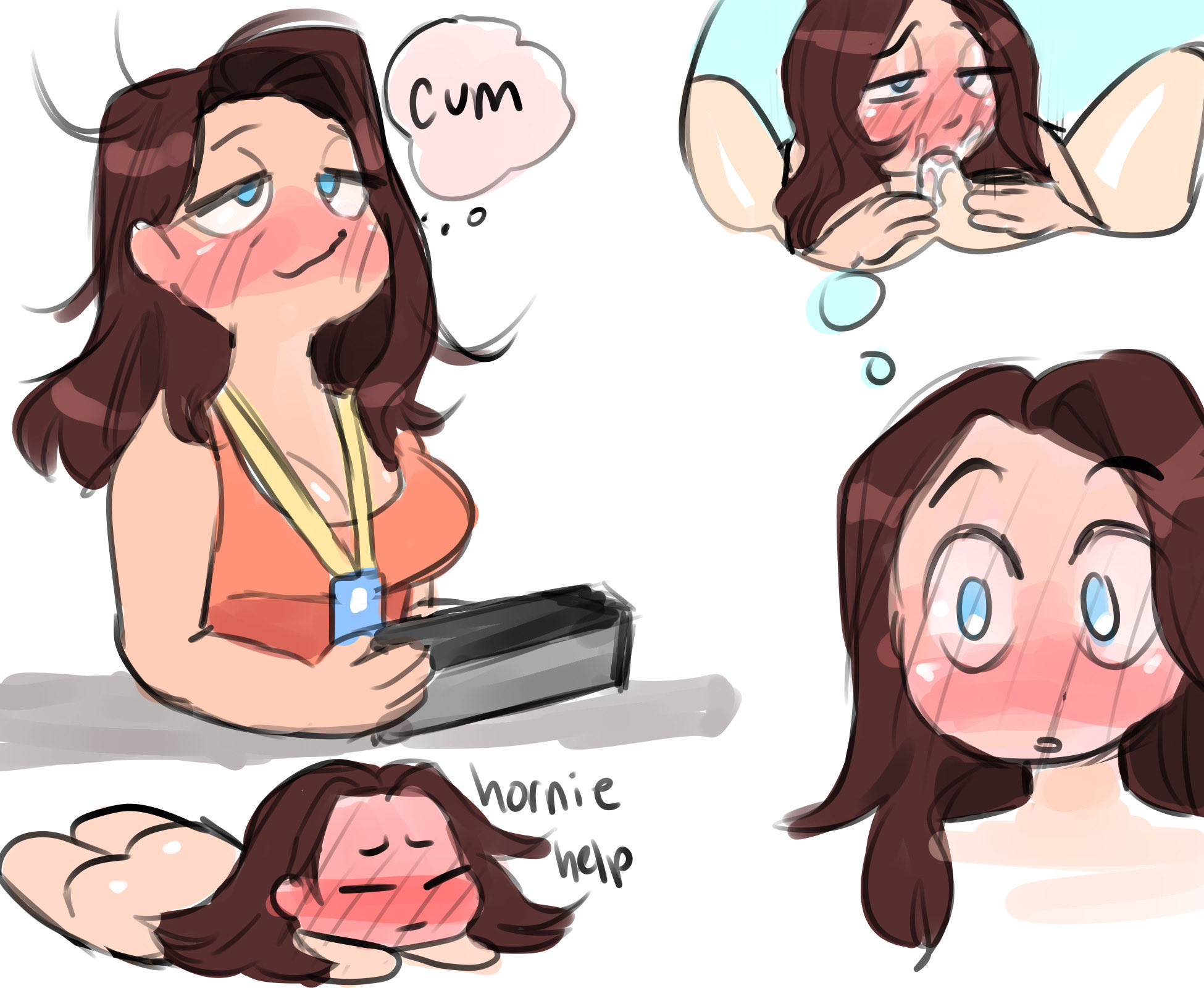 1boy, 1girls, ass, blowjob, blue eyes, blush, brown hair, chibi, cleavage, closed eyes, cum, cum in mouth, faceless male, fantasizing, fellatio, female, female focus, frustrated, half-closed eyes, horny, long hair, male, nude, oral, sketch, smile, solo focus, straight, tank top, text, thinking, thought bubble, tittywatch, white background, wide eyed