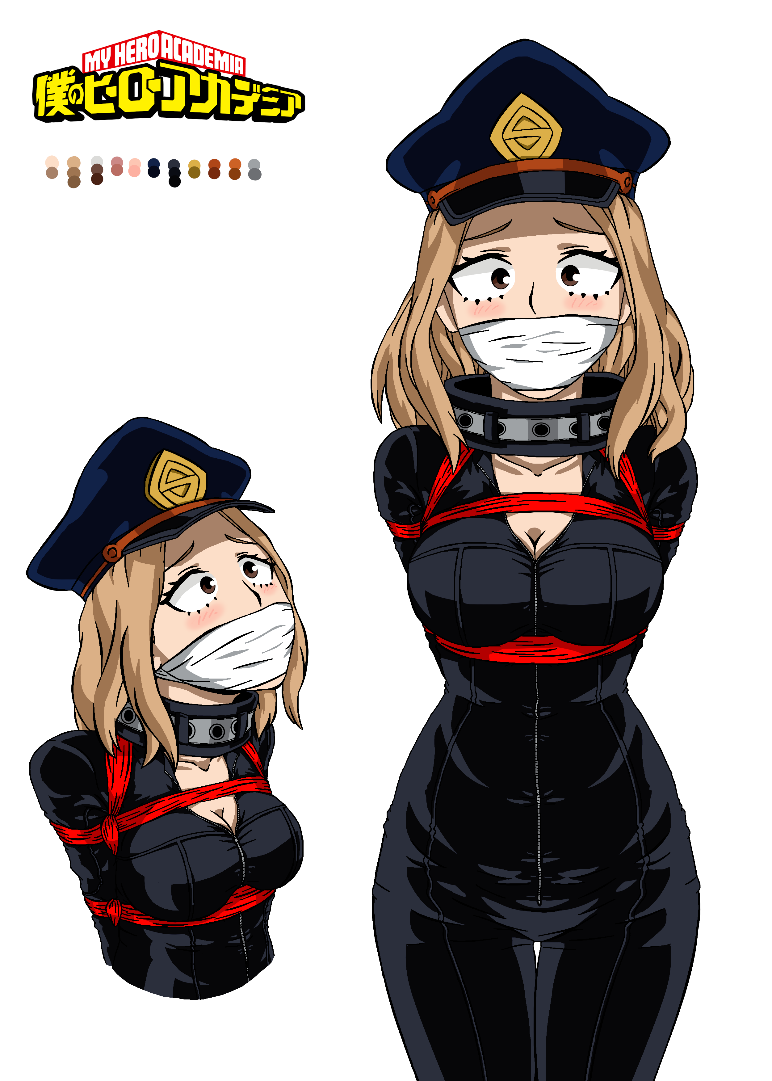 1girls, artist request, blonde hair, blonde-haired female, bondage, breasts, camie utsushimi, cleavage, cloth gag, female, gag, gagged, hero outfit (mha), my hero academia, over the mouth gag, rope, rope bondage, shiketsu high school cap