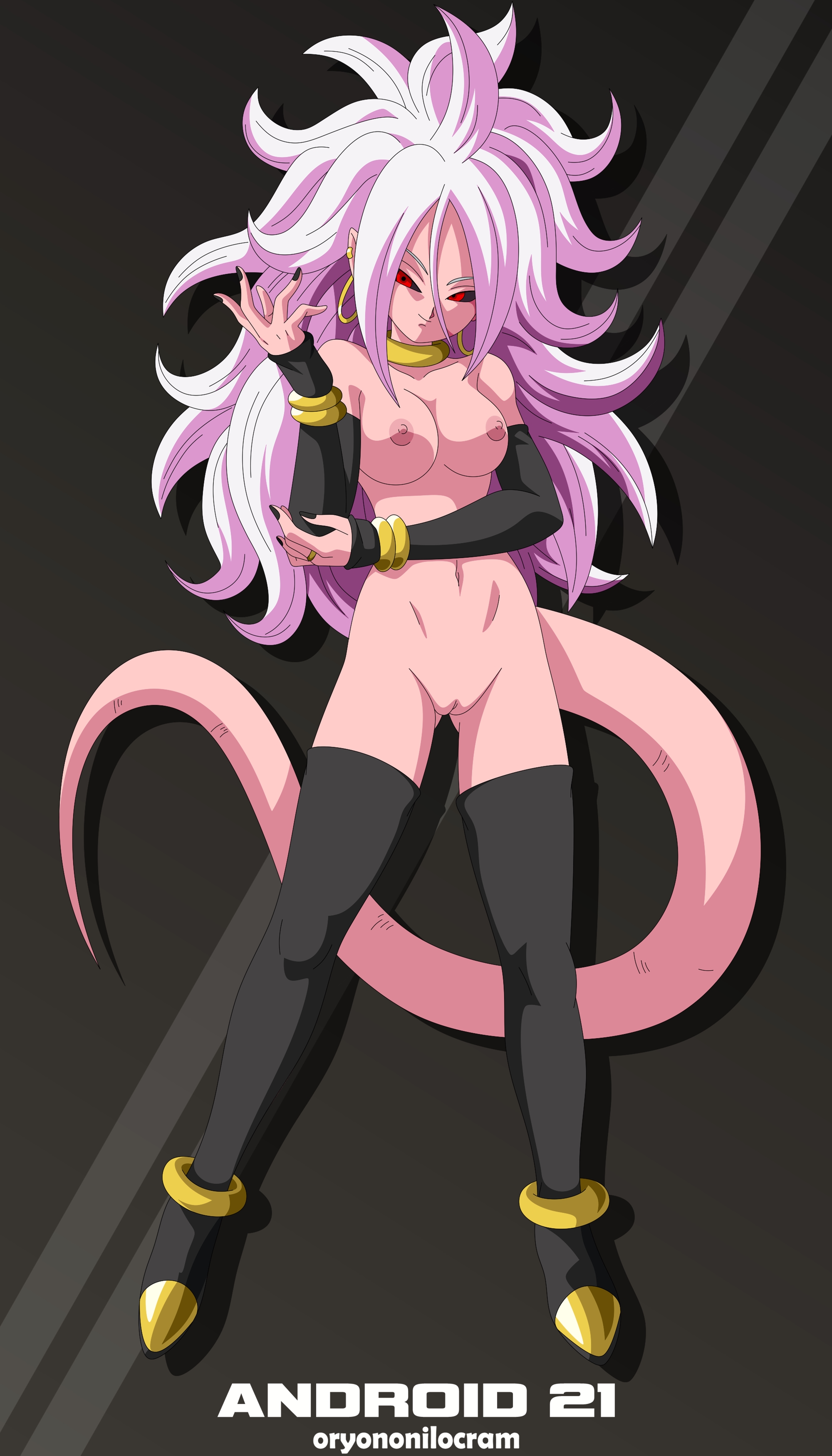 1girls, android 21, black legwear, black sclera, boobs, breasts, dragon ball, dragon ball fighterz, dragon ball z, female, female only, legwear, long hair, long tail, majin android 21, medium breasts, monster girl, naked, naked footwear, nipples, nude, nude female, oryononilocram, pink eyes, pink skin, pussy, red eyes, shaved pussy, solo, solo female, tail, thigh gap, tits, vagina, white hairclip