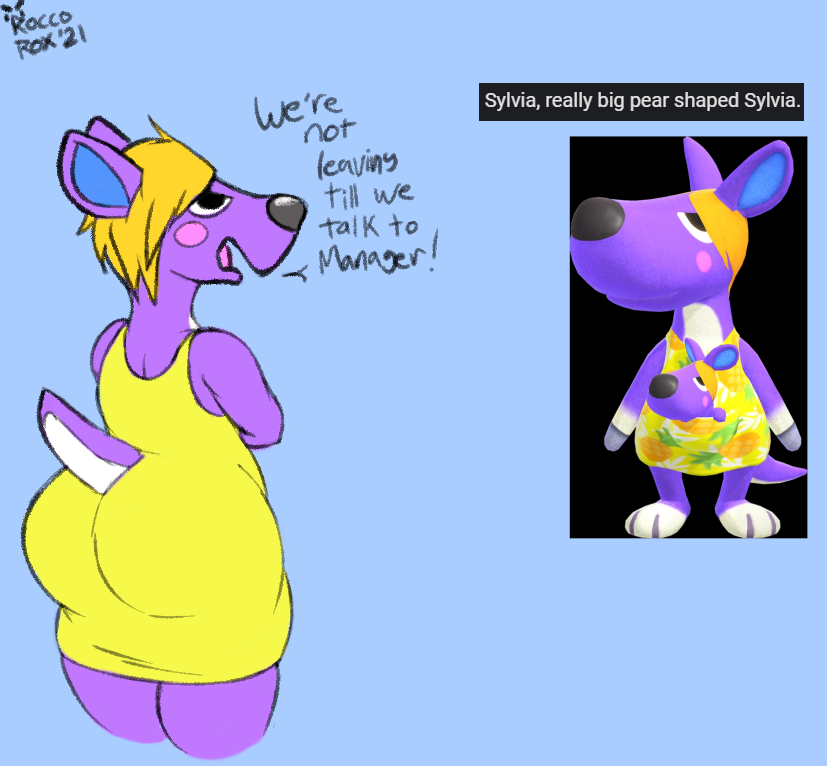 2021 animal_crossing anthro ass female kangaroo nintendo open_mouth orange_hair purple_fur roccorox sylvia_(animal_crossing) yellow_dress