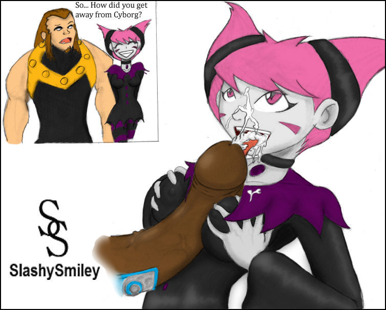 1boy 1girls baran_flinders cyborg_(dc) dark-skinned_male dark_penis dark_skin dc_comics female interracial jinx_(dc) large_penis male mammoth_(dc) penis slashysmiley straight_hair teen_titans