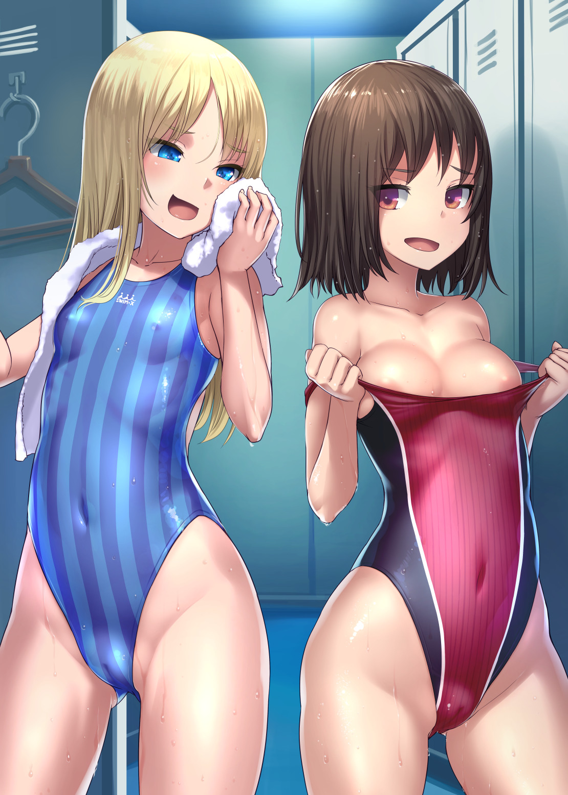 2girls, blue eyes, bosshi, breasts, female, female only, multiple females, multiple girls, one-piece swimsuit, swimsuit