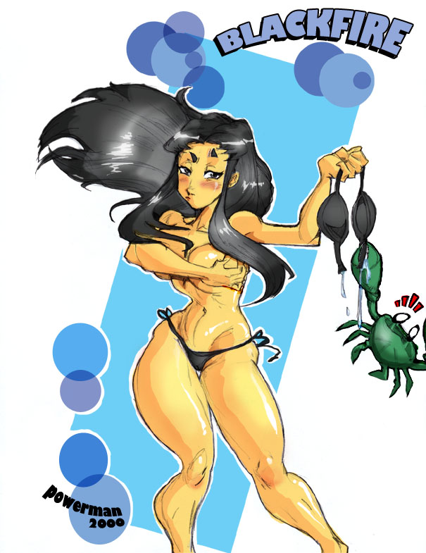 2d alien alien_girl alien_look_like_human bikini bikini_bra bikini_top_removed blackfire cartoon_network dc holding_bikini_top hourglass_figure komand'r powerman2000 straight_hair tamaranean tan-skinned_female tan_skin teen_titans toonami topless