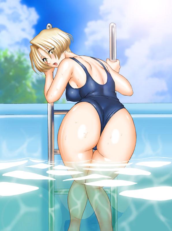 erect_nipples getting_out_of_pool maria_tachibana one-piece_swimsuit pool sakura_wars swimsuit tagme water