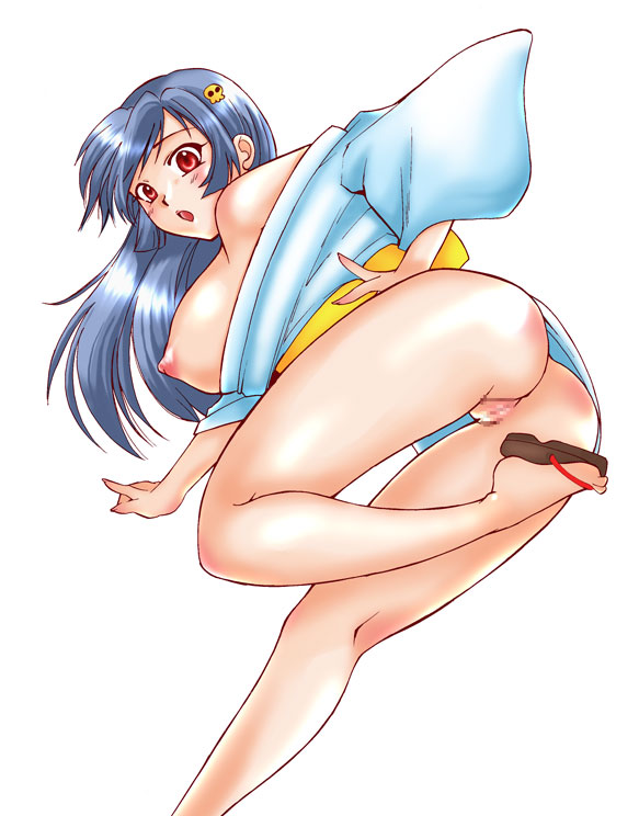 1girls 70s ass blue_hair breasts censored dororon_enma-kun female large_breasts long_hair nipples pussy red_eyes simple_background solo tagme yuki_onna yukiko_hime