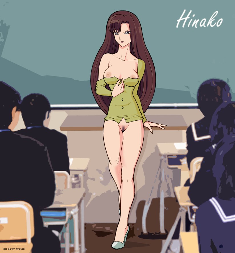 bottomless breasts brown_hair classroom clothing color colored extro hinako_ninomiya long_hair medium_breasts pubic_hair ranma_1/2 teacher unseen_male_face