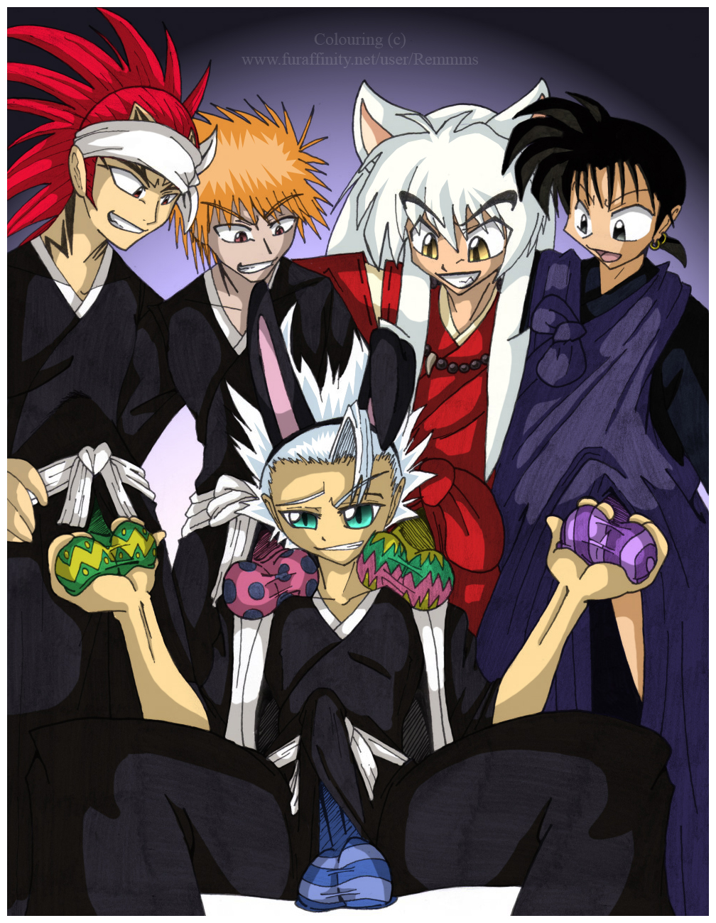 bleach crossover easter easter_balls gay ichigo_kurosaki inuyasha inuyasha_(character) male male_only miroku multiple_boys renji_abarai toshiro_hitsugaya trainer_(artist) yaoi