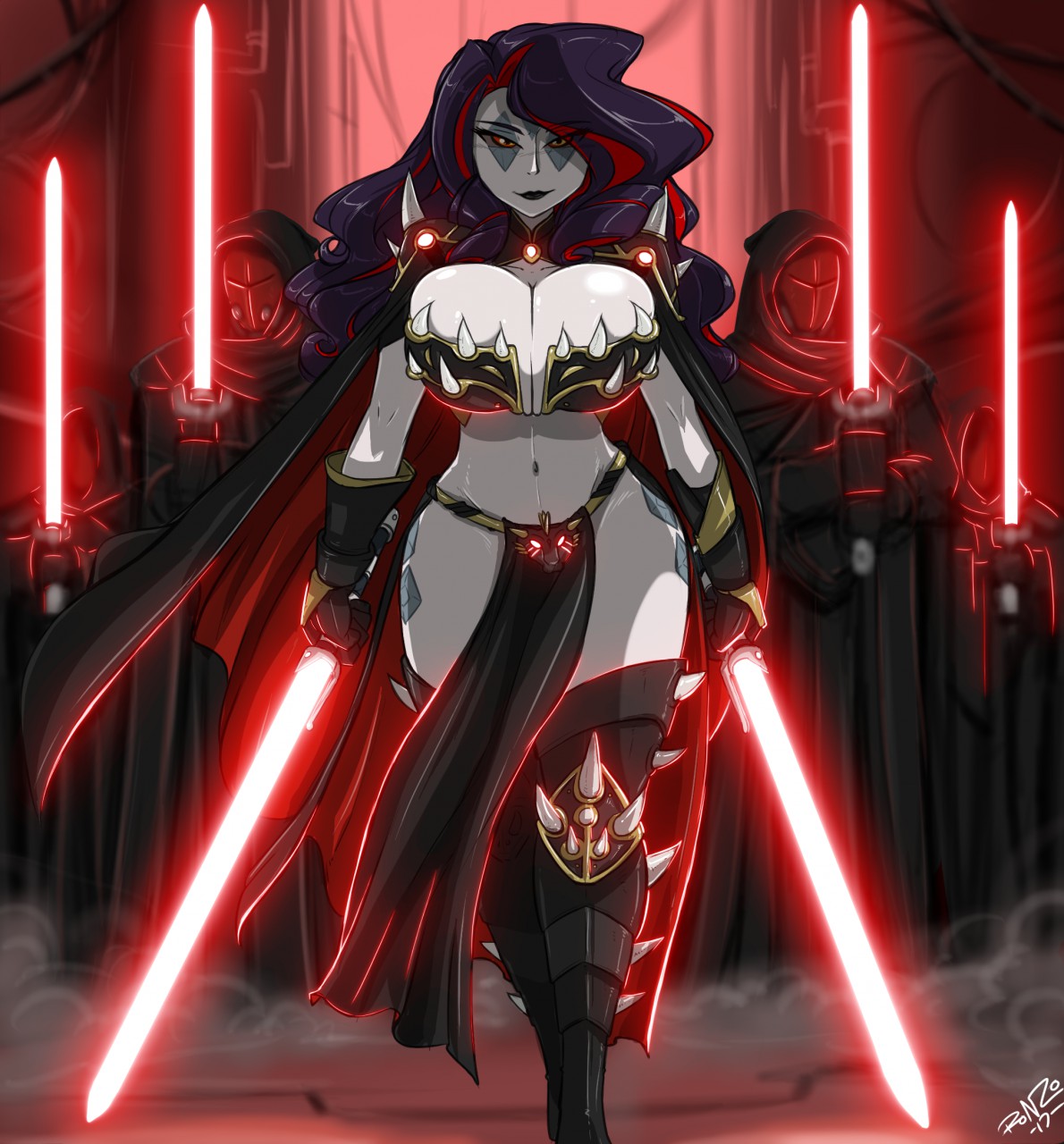 alternate species, big breasts, boots, breasts, cape, cleavage, cloak, clothed, clothing, cosplay, curvy figure, cutie mark, dual wielding, facial markings, female, footwear, friendship is magic, group, hair, hasbro, head markings, hi res, holding object, holding weapon, huge breasts, human, humanized, lightsaber, lips, long hair, looking at viewer, male, mammal, markings, mask, melee weapon, midriff, multicolored hair, my little pony, navel, orange eyes, pale, pale skin, purple hair, rarity (mlp), red hair, red lightsaber, shonuff, sith, skimpy, smile, smirk, spikes, star wars, sword, thick thighs, two-tone hair, voluptuous, weapon, white body, white skin, wide hips