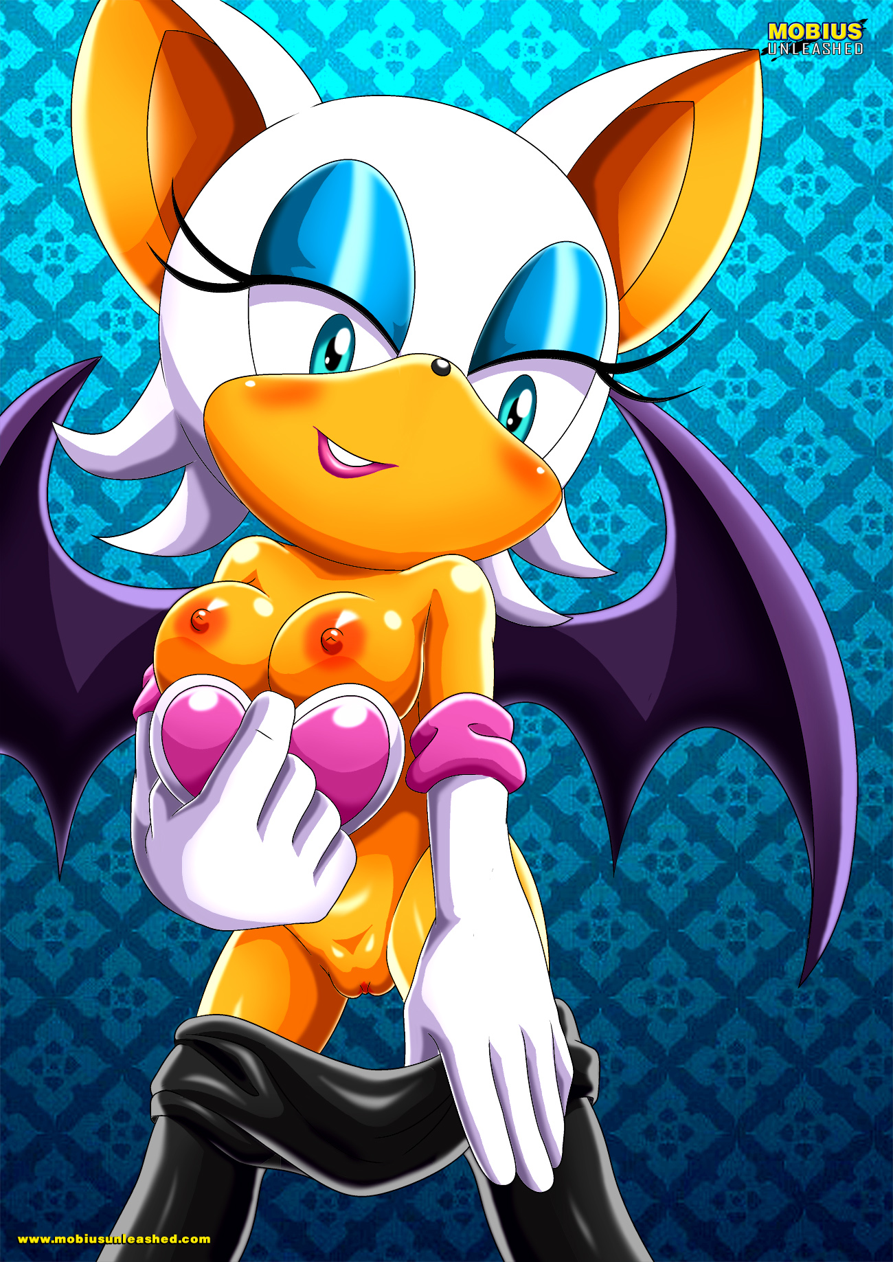 1girls, anus, bbmbbf, blue eyes, breasts, female, gloves, mobius unleashed, nipples, palcomix, partially nude, pussy, rouge the bat, simple background, solo, sonic (series), uncensored, undressing
