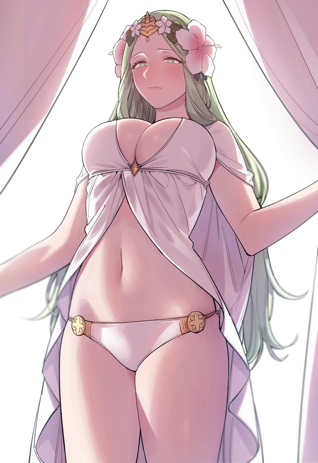 1girls alternate_costume bikini blush breasts cape circlet cleavage closed_mouth commentary cowboy_shot curtains female fire_emblem fire_emblem:_three_houses fire_emblem_heroes flower flower_crown from_below green_eyes green_hair hair_flower hair_ornament hibiscus highres ikarin large_breasts long_hair navel nintendo rhea_(fire_emblem) rhea_(summer)_(fire_emblem) simple_background solo solo_female swimsuit white_background white_bikini white_cape white_flower white_swimsuit