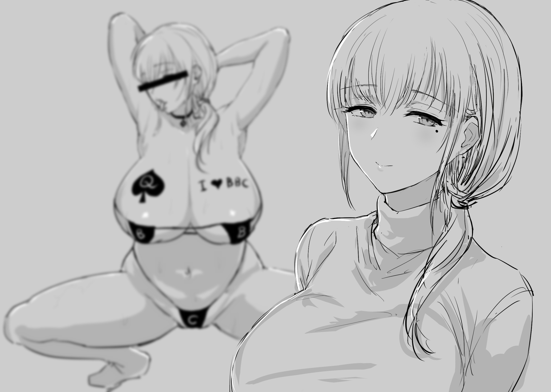 1girls, anju (anjuionushi), belly button, bikini, black choker, blurry background, body writing, boob tattoo, breast tattoo, breasts, censor bar, censored, choker, earrings, eyelashes, eyepatch bikini, female, female only, identity censor, large breasts, milf, mole, mole under eye, monochrome, original, original character, parted lips, qos clothing, queen of spade symbol, queen of spade tattoo, queen of spades, queen of spades symbol, queen of spades tattoo, raceplay, smile, solo, spade, spade choker, spade earrings, spade tattoo, squatting, tattoo, tied hair, white background