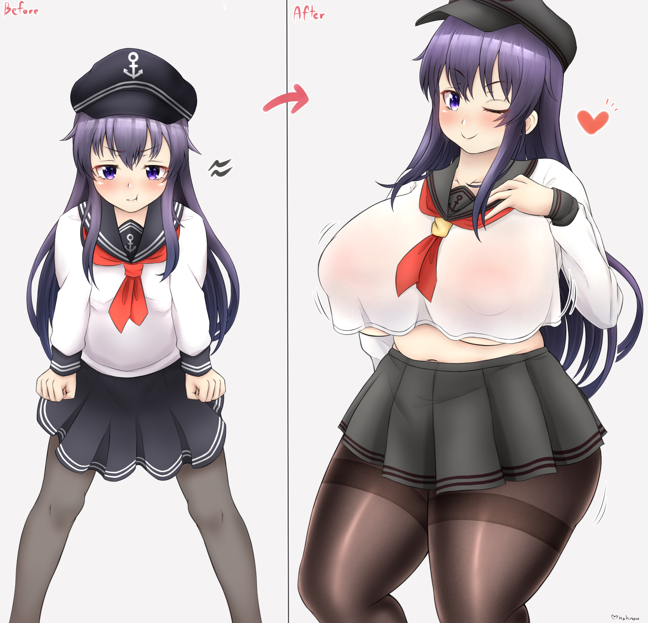 1girls, 2021, aged up, akatsuki (kantai collection), big breasts, black hair, breast expansion, breast growth, breast growth (enlargement), breasts, female, growth, huge breasts, kantai collection, mhaknow, nipple bulge, no bra, pantyhose, purple eyes, tagme, thick, thick thighs