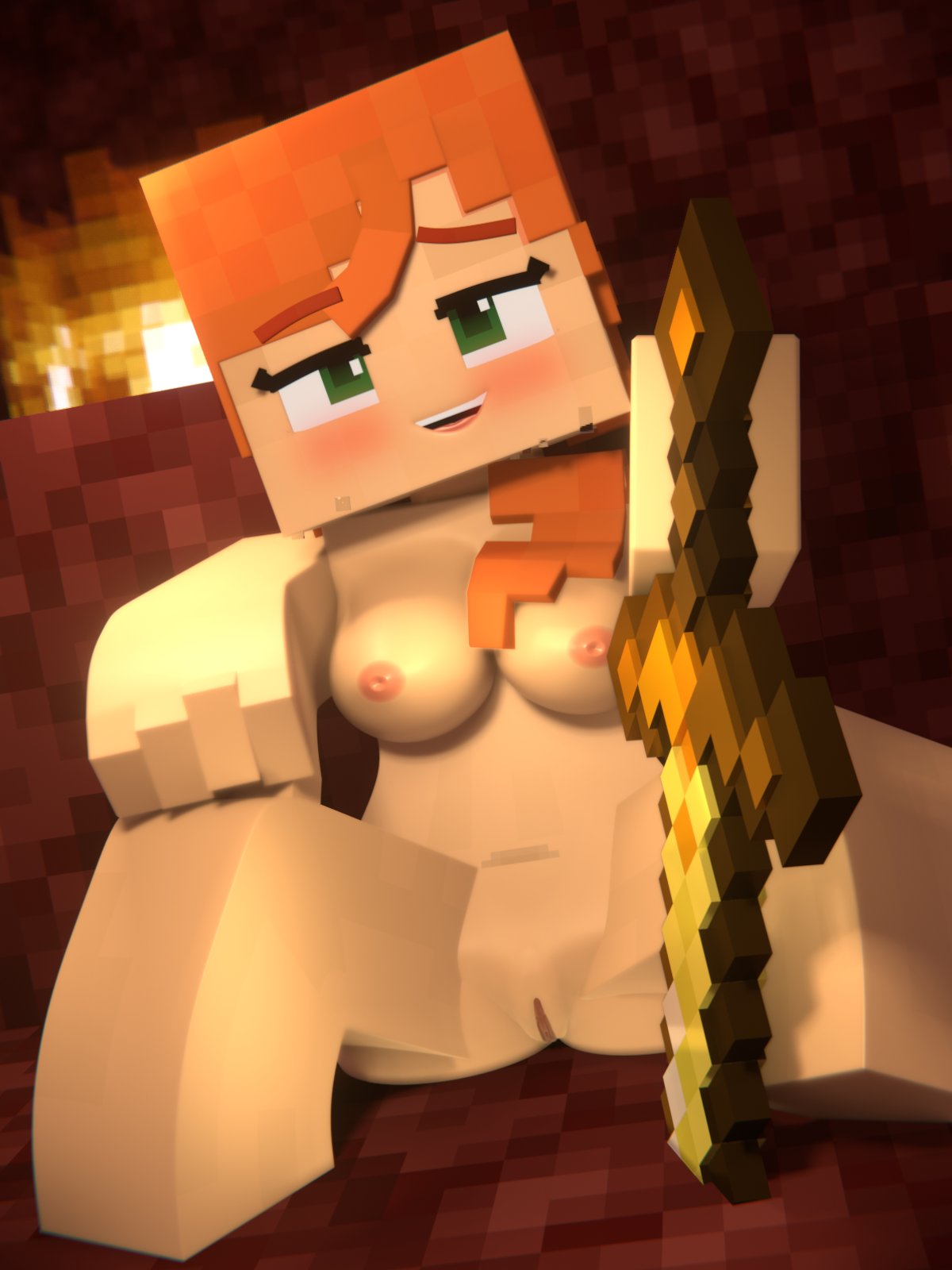 1girls 3d alex_(minecraft) beveledblock breasts character commission completely_nude completely_nude_female female female_only golden_sword green_eyes hair_over_breasts mine-imator minecraft naked naked_female nether nude nude_female orange_hair original_character pussy sitting solo solo_female spread_legs square_body sweat