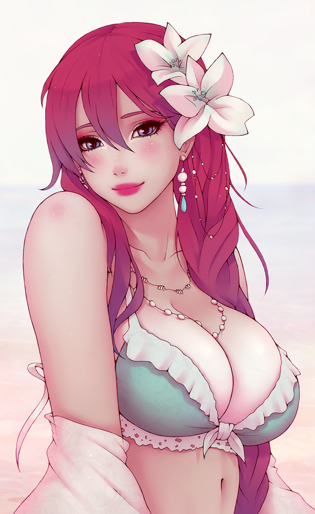 1girls bikini bikini_top blue_eyes earrings eiyuu_densetsu emma_millstein eyeliner feet_out_of_frame female female_only hair_flower hair_ornament human human_only large_breasts long_hair looking_at_viewer necklace off_shoulder pink_hair purple_hair red_eyeshadow sen_no_kiseki solo soranamae