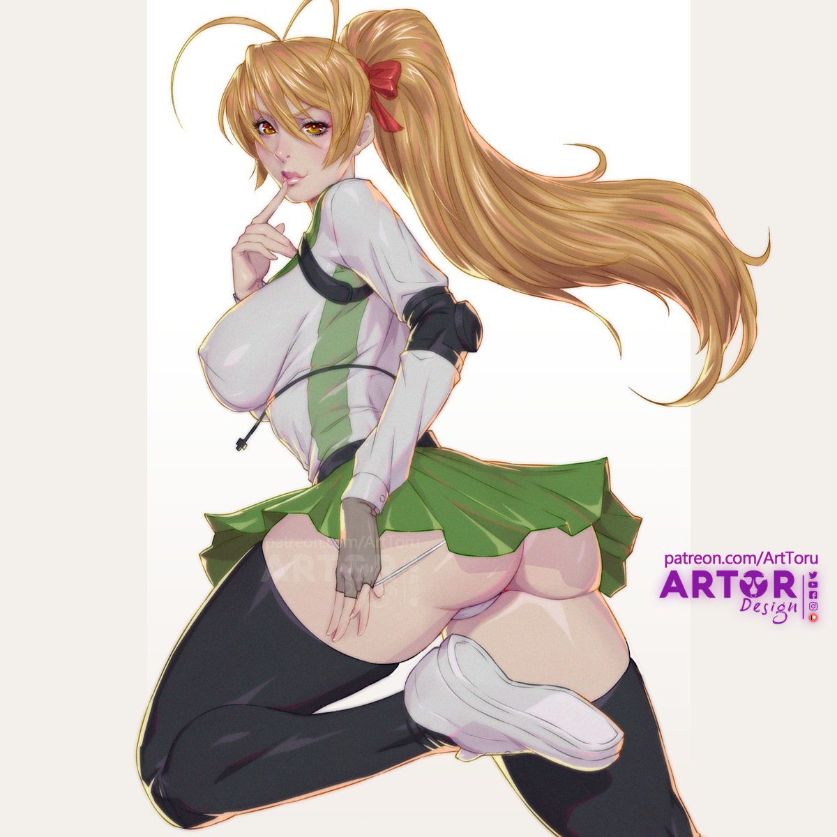 arttoru, ass, athletic, athletic female, breasts, bubble ass, bubble butt, female, highschool of the dead, huge ass, human, large breasts, looking at viewer, nipple bulge, rei miyamoto, school uniform, shoes, skirt, sneakers, thick thighs, thighhighs, thighs