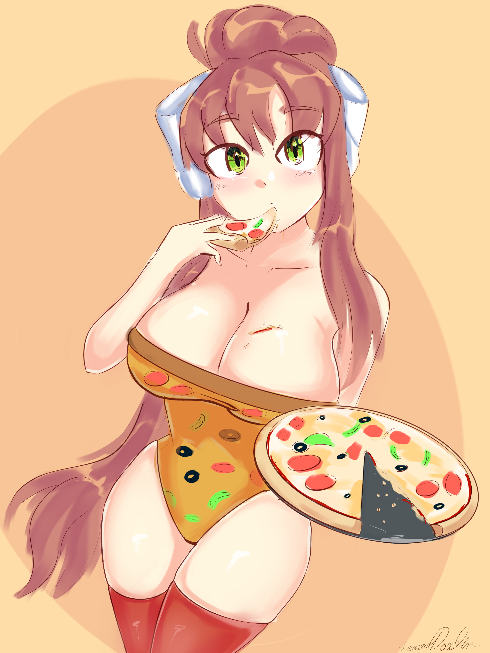 1girls, adorable, big breasts, breasts, brown hair, cleavage, cute, doki doki literature club, female, female only, green eyes, large breasts, lewddoodler, long hair, monika (doki doki literature club), one-piece swimsuit, pizza, ponytail, solo, tied hair
