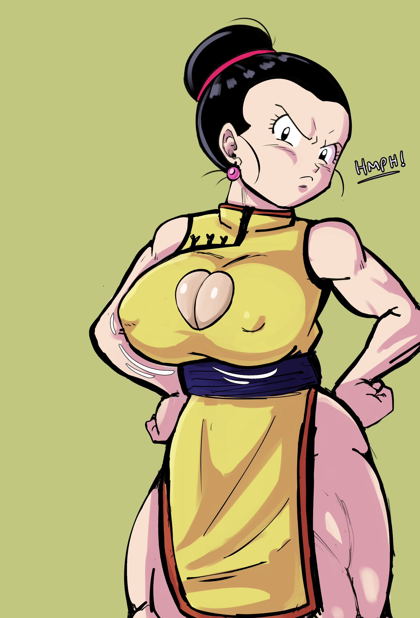 1girls, angry face, athletic, athletic female, big breasts, black hair, boob window, breasts, chichi, clothed, dragon ball, dragon ball z, female, female only, fully clothed, huge breasts, nipples visible through clothing, pseudocel, shounen jump, solo, solo female, thick thighs, tight dress, yellow dress