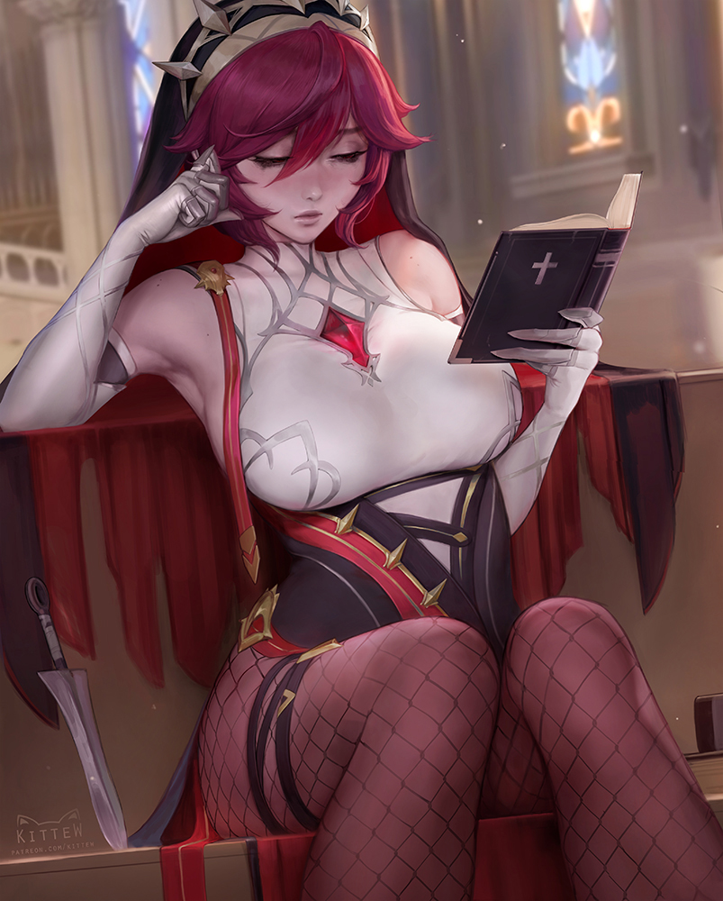 1girls, female, female only, fishnet stockings, genshin impact, kittew, nun, red hair, rosaria (genshin impact), sister, tagme