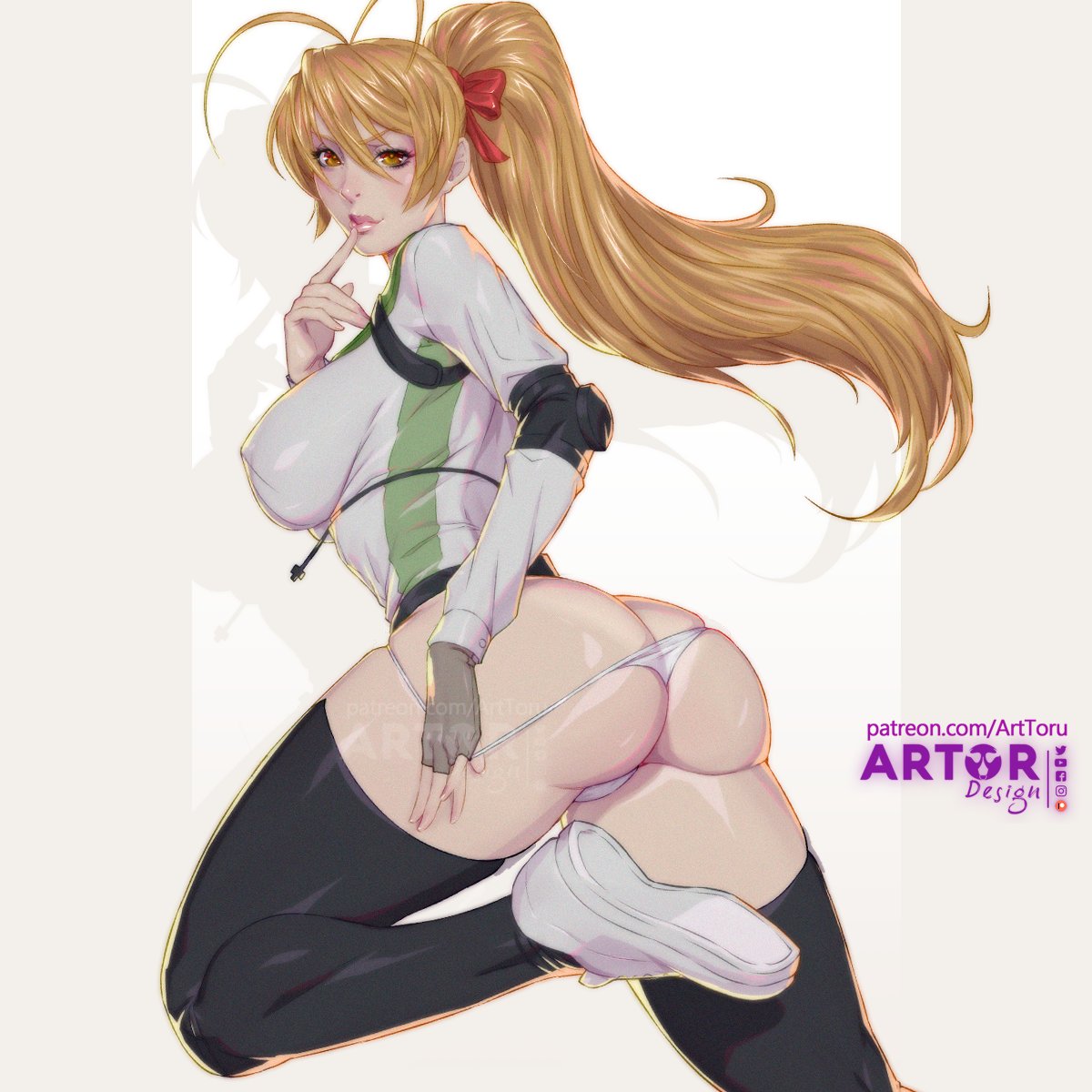 1girls, arttoru, ass, ass focus, big ass, big breasts, breasts, bubble ass, bubble butt, female, female only, highschool of the dead, huge ass, large breasts, light-skinned female, looking at viewer, nipple bulge, rei miyamoto, school uniform, shoes, sneakers, solo, tanline, thick thighs, thighhighs, thighs, thunder thighs