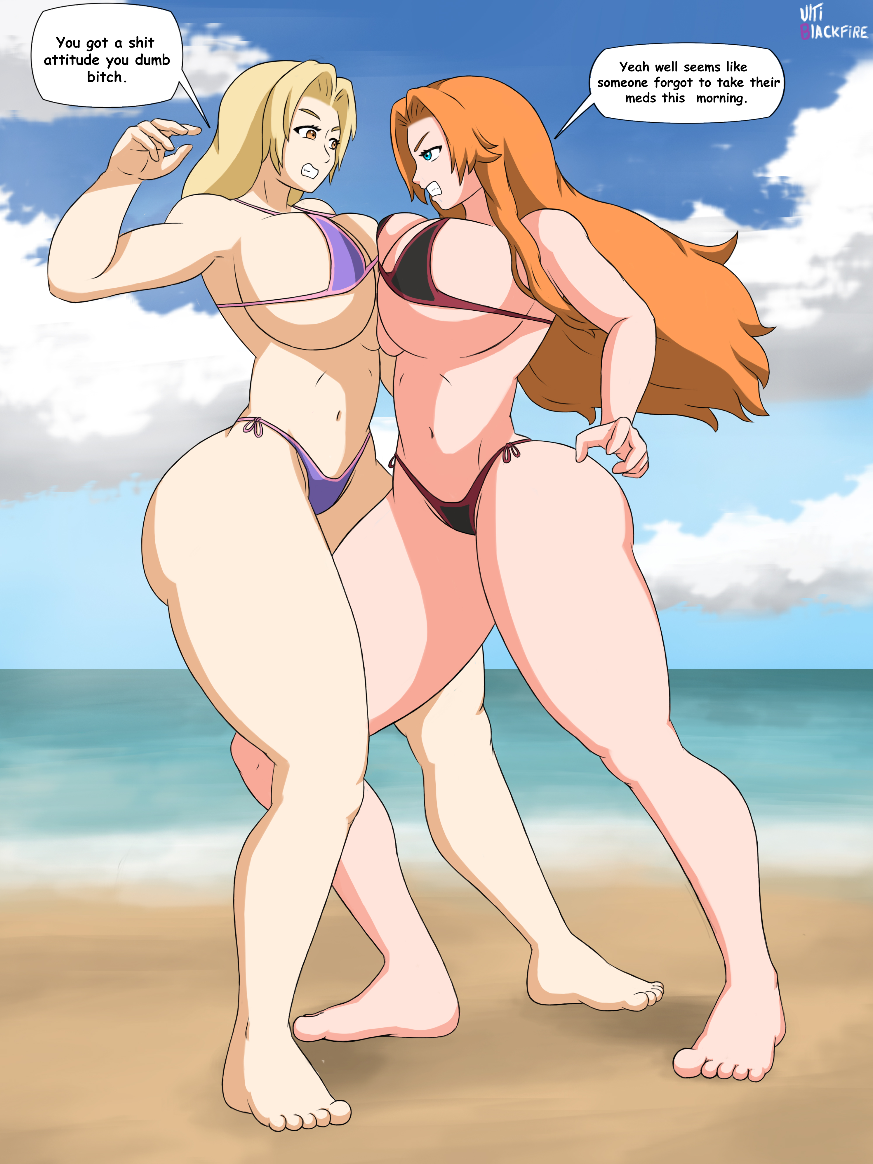 2girls, abs, ass, barefoot, beach, big breasts, bikini, bikini bottom, bikini top, bleach, blonde hair, blue eyes, breast press, breasts, brown eyes, busty, catfight, cleavage, clenched teeth, clothed, clothing, crossover, dialogue, english text, feet, female, female focus, female only, fight, g-string, gritted teeth, hourglass figure, large breasts, light skin, light-skinned female, matsumoto rangiku, mature, mature female, milf, naruto, naruto (series), naruto shippuden, ocean, orange hair, outdoors, outside, pale skin, pale-skinned female, revealing clothes, shounen jump, sideboob, speech bubble, standing, swimsuit, text, thick thighs, thighs, thong, toes, tsunade, ultiblackfire, underboob, voluptuous, wide hips, yuri
