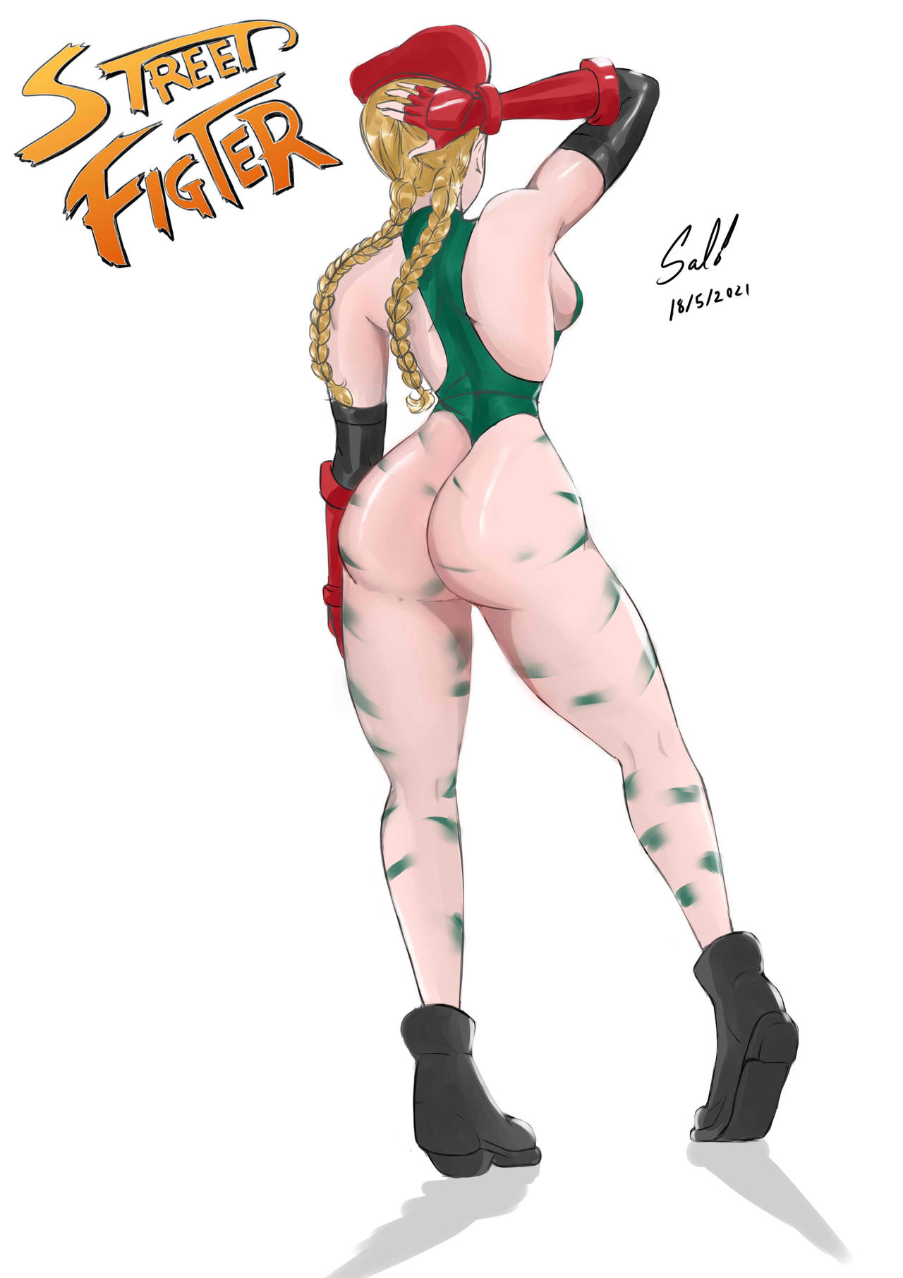 ass beret blonde_hair bubble_butt cammy_white capcom fingerless_gloves leotard rear_view salsdraws street_fighter thick_thighs thong_leotard twintails