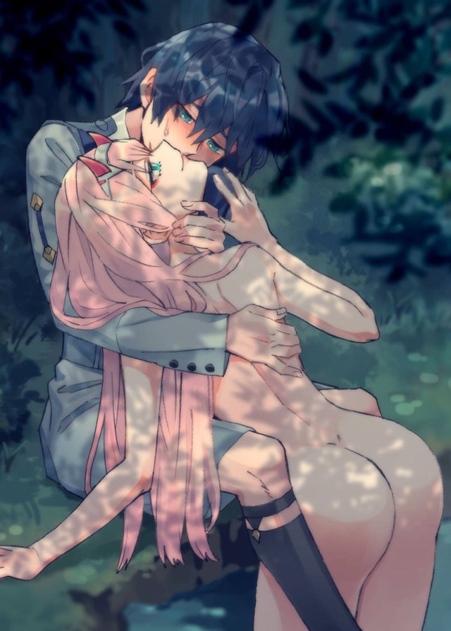 blush, canon couple, clothed male, clothed male nude female, darling in the franxx, female, hand on back, hand on neck, hand on shoulder, hiro (darling in the franxx), hug, kissing, kissing cheek, long hair, male, shy, smile, sweatdrop, water, zero two (darling in the franxx)