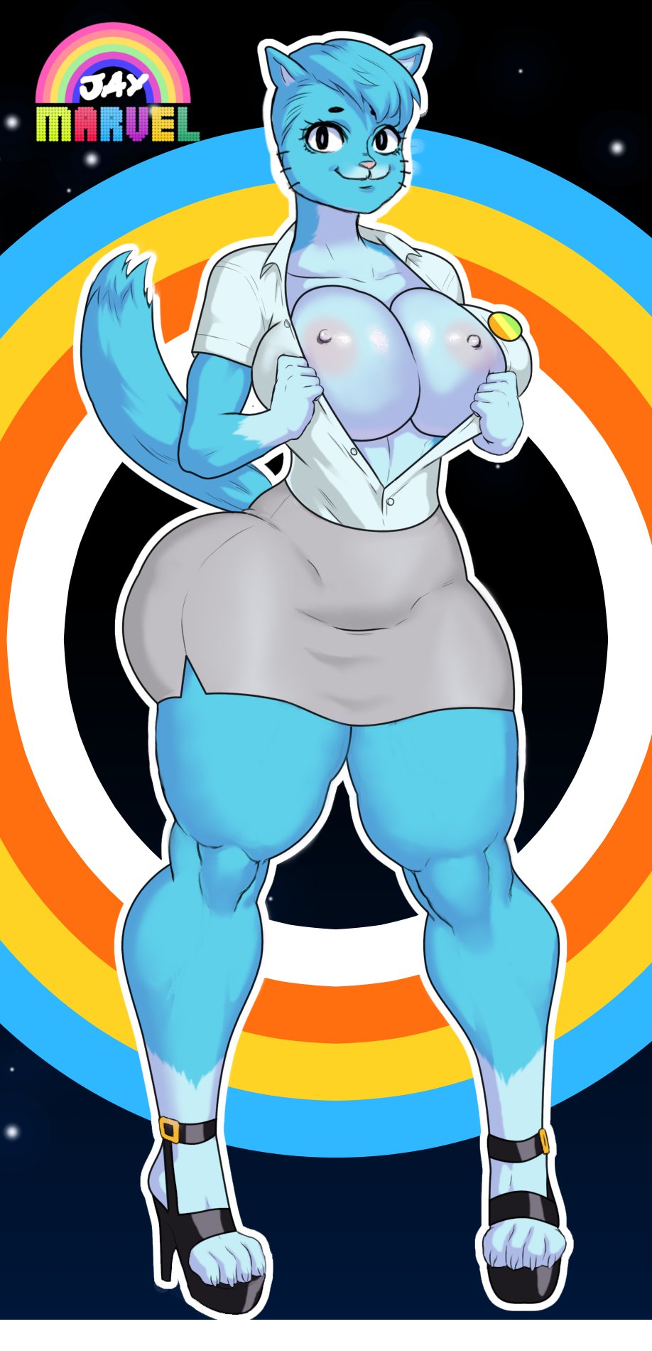 :3, 2girls, alternate breast size, anthro, ass, big ass, big breasts, breasts, female, female only, high heels, huge ass, huge breasts, jay-marvel, legs, multiple females, multiple girls, nicole watterson, platform heels, pussy, the amazing world of gumball, voluptuous
