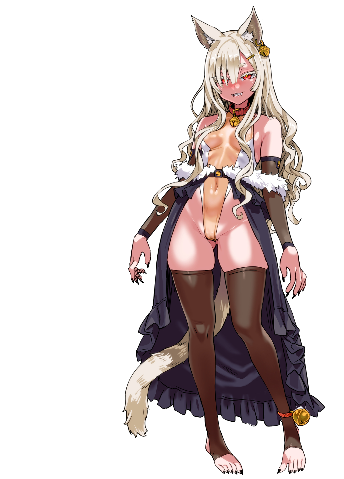 asanagi, ass visible through thighs, breasts, cameltoe, cat ears, cat girl, cat tail, catgirl, choker, collar, ear piercing, fangs, female, female only, leotard, looking at viewer, original, partially visible vulva, pussy, red eyes, sharp fingernails, sharp nails, simple background, small breasts, solo, thick thighs, thighhighs, white background, white hair