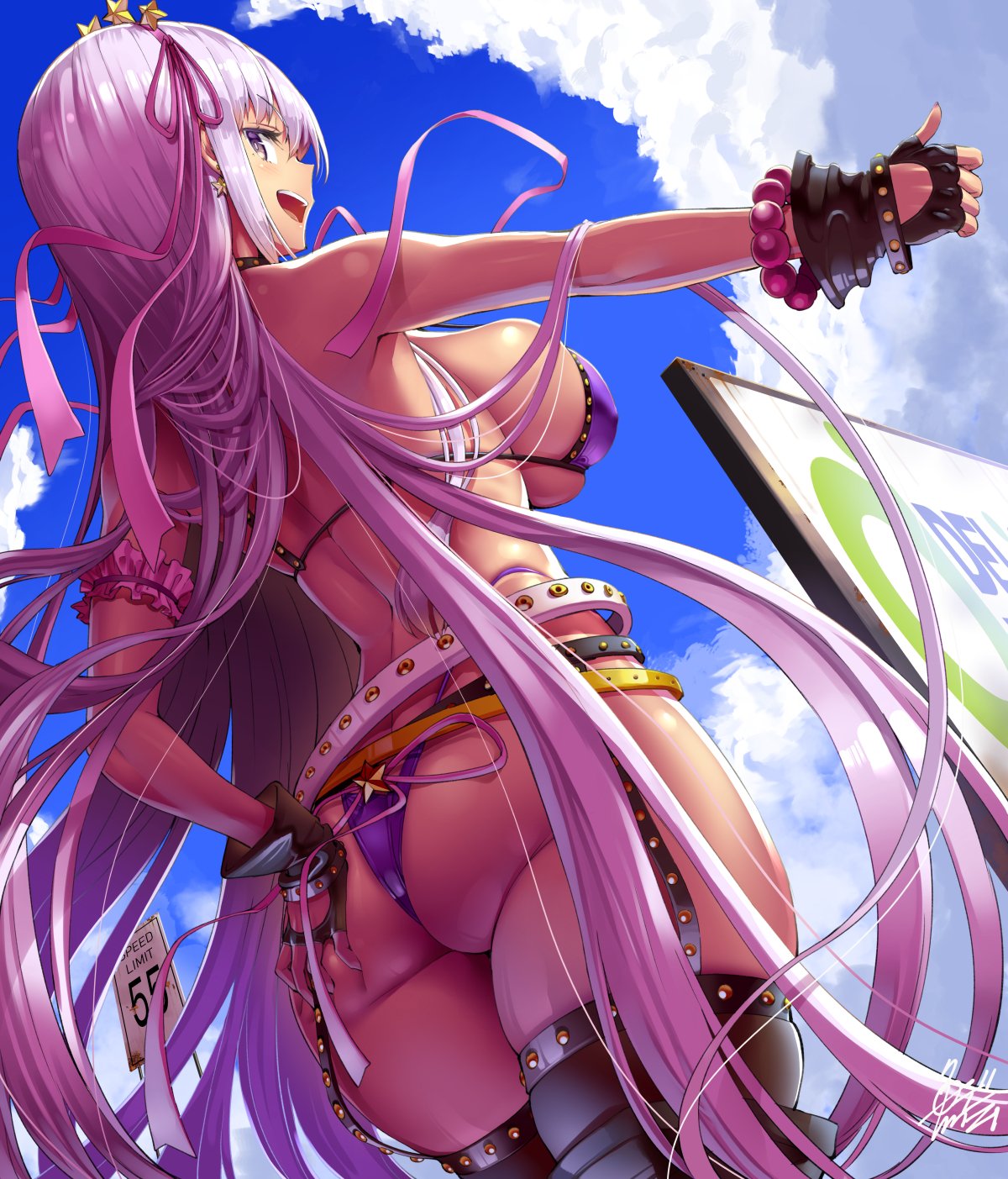 bb_(fate) bb_(swimsuit_mooncancer) big_ass big_breasts big_butt bikini curvy fate/grand_order fate_(series) hair_ribbon hitchhiking huge_balls huge_breasts huge_butt long_hair looking_at_viewer looking_back looking_down open_mouth purple_hair sideboob tan tan_skin thick_thighs thighhighs thumbs_up uo_denim