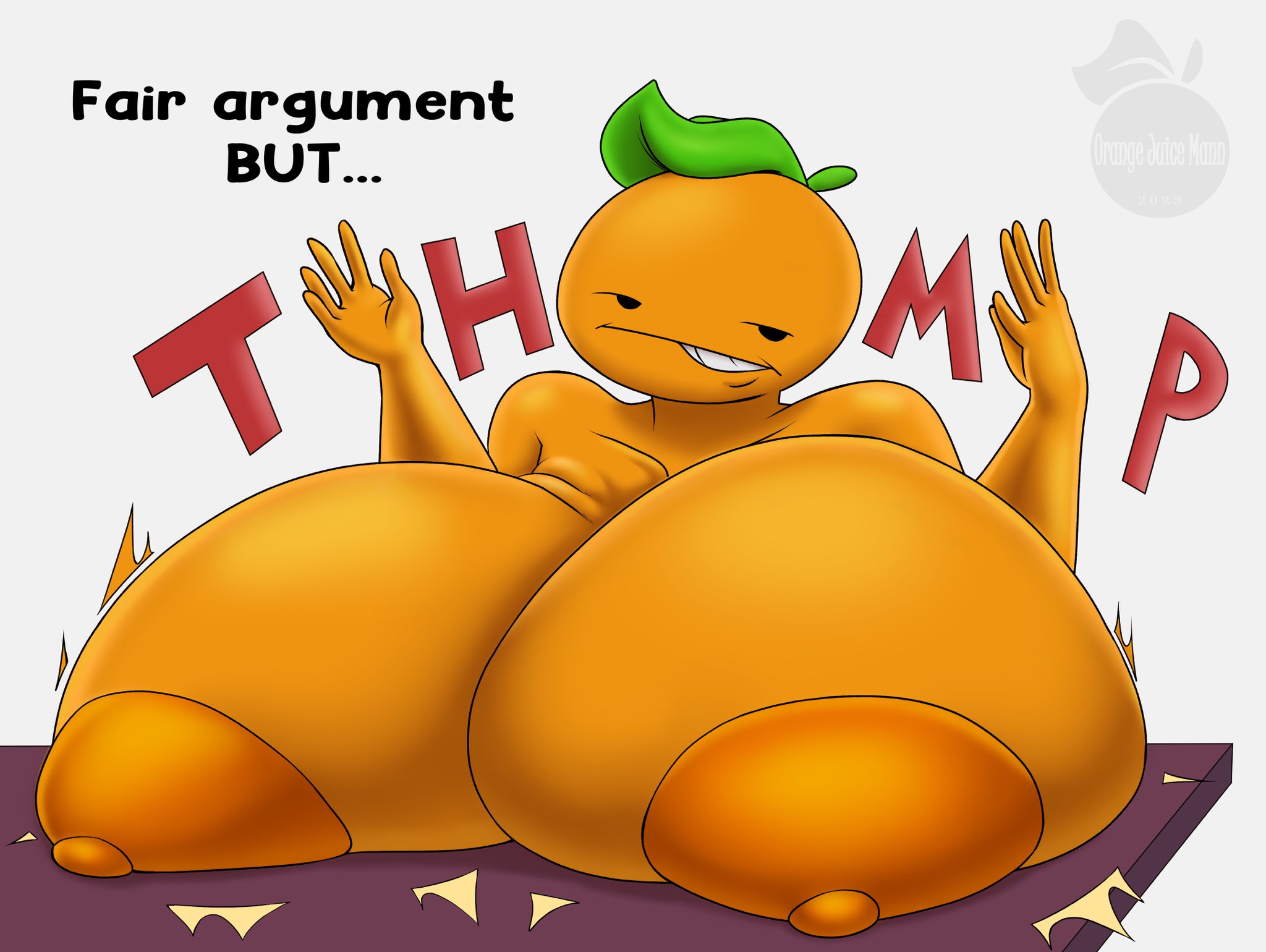 anthro, areola, areolae, big breasts, breasts, citrus (orangejuicemann), convenient breasts, fair argument but..., female, food, food creature, fruit, huge breasts, meme, nipples, orange (fruit), orange body, orangejuicemann, tagme
