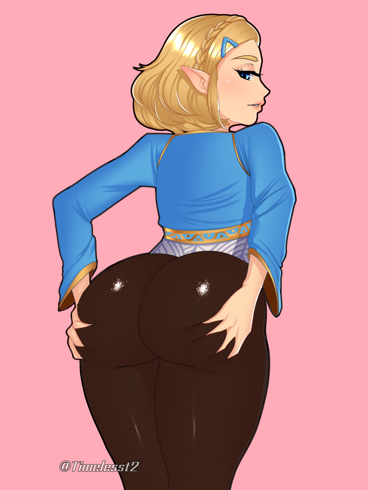 1girls, alternate version available, ass, ass focus, back view, big ass, bimbo, blonde hair, blue eyes, breath of the wild, clothed, eye contact, female, female only, fully clothed, grabbing own ass, long hair, looking at viewer, looking back, nintendo, pointy ears, princess zelda, short hair, solo, tears of the kingdom, the legend of zelda, thick ass, thick thighs, timeless-t, zelda (tears of the kingdom)