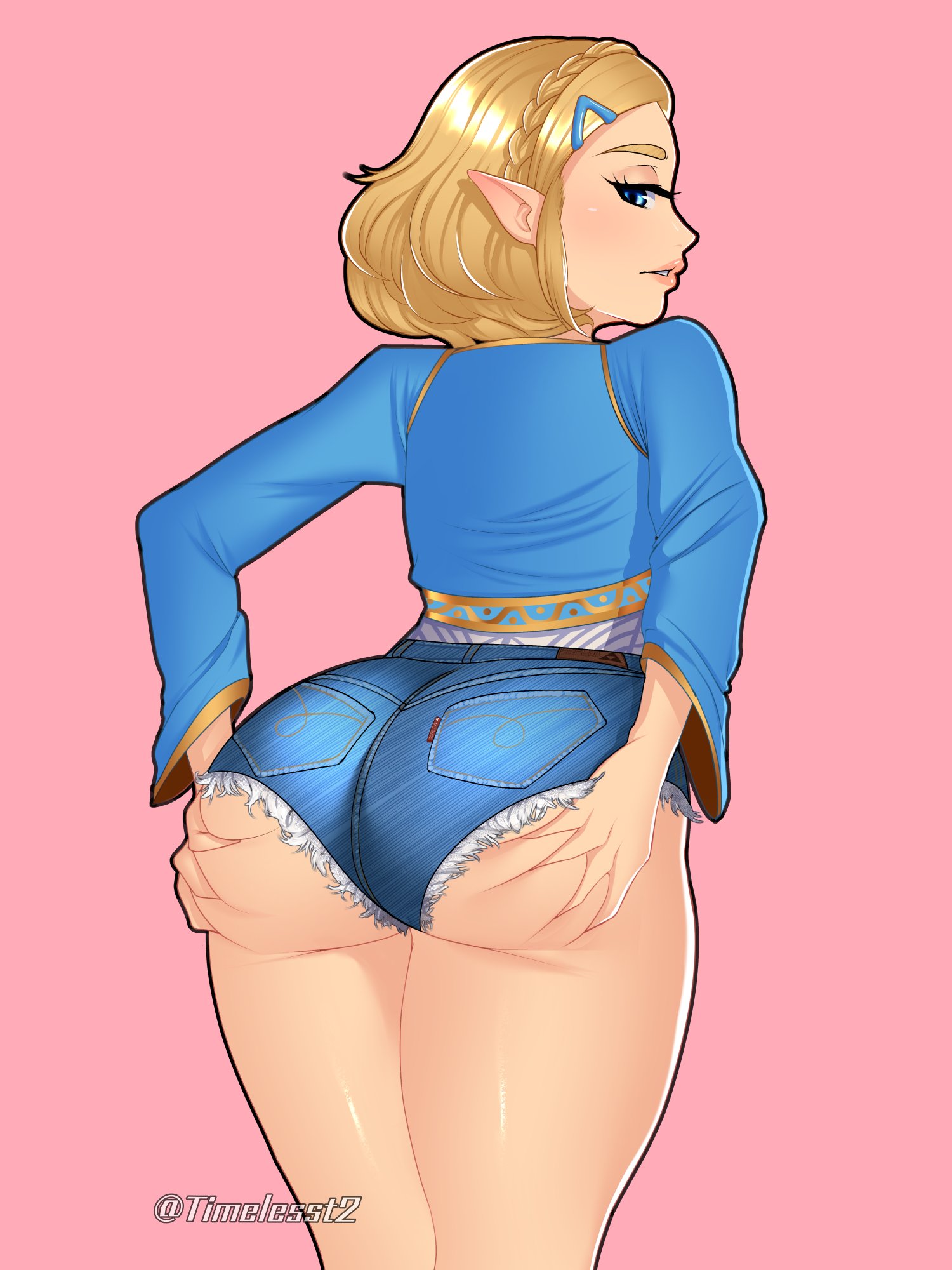 1girls, alternate version available, ass, ass focus, ass hanging out, ass hanging out of shorts, back view, big ass, bimbo, blonde hair, blue eyes, booty shorts, breath of the wild, clothed, cutoffs, eye contact, female, female only, grabbing own ass, long hair, looking at viewer, looking back, nintendo, pointy ears, princess zelda, short hair, short shorts, shorts, solo, tears of the kingdom, the legend of zelda, thick ass, thick thighs, timeless-t, zelda (tears of the kingdom)