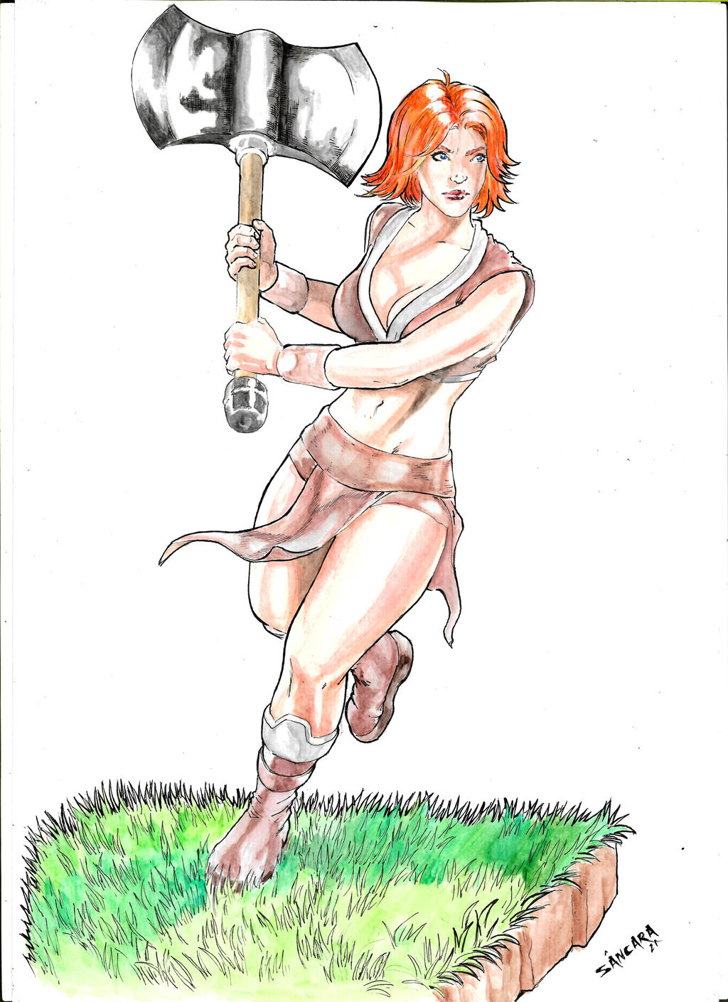 1girls axe battle_axe blue_eyes boots clash_(series) clash_of_clans clash_royale cleavage clothed clothed_female clothing female female_only fully_clothed fully_clothed_female large_breasts loincloth orange_hair pelvic_curtain safe_for_work sancara solo solo_female valkyrie_(clash_of_clans)