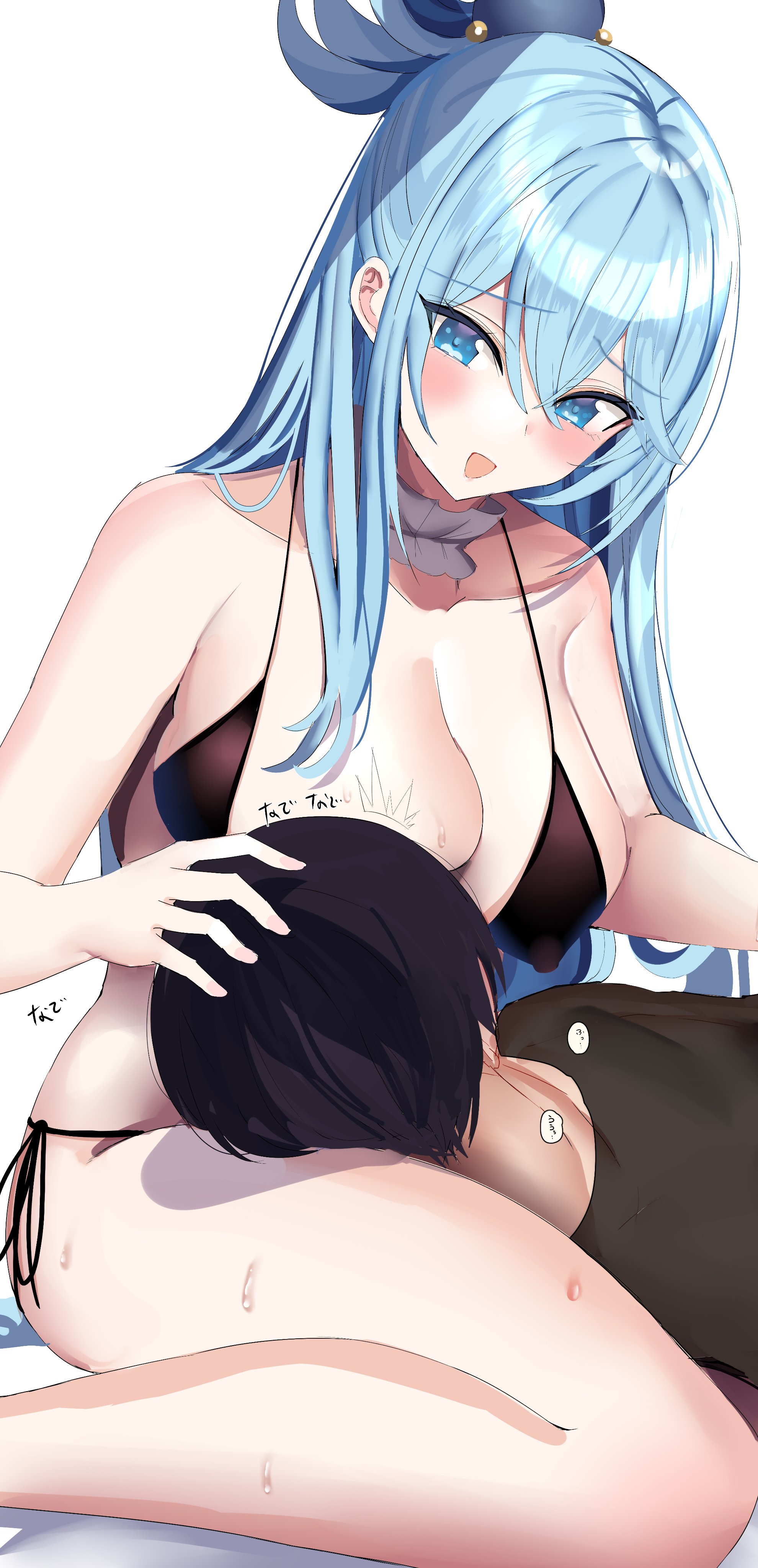 1boy, 1girls, 2021, absurd res, aqua (konosuba), aqua eyes, aqua hair, bed sheet, bikini, black bikini, black hair, blush, breast sucking, breasts, choker, cleavage, erect nipples, erect nipples under clothes, eyebrows visible through hair, eyes visible through hair, female, frilled choker, frills, hair ornament, hanasaka houcha, hand on head, head pat, head tilt, highres, kono subarashii sekai ni shukufuku wo!, lap pillow, large breasts, long hair, looking at another, lying, male, matching hair/eyes, nipples, on back, open mouth, short hair, side-tie panties, sitting, sound effects, sweat, sweatdrop, swimsuit, thick thighs, thighs, tied hair, tongue, very long hair, wariza, wholesome