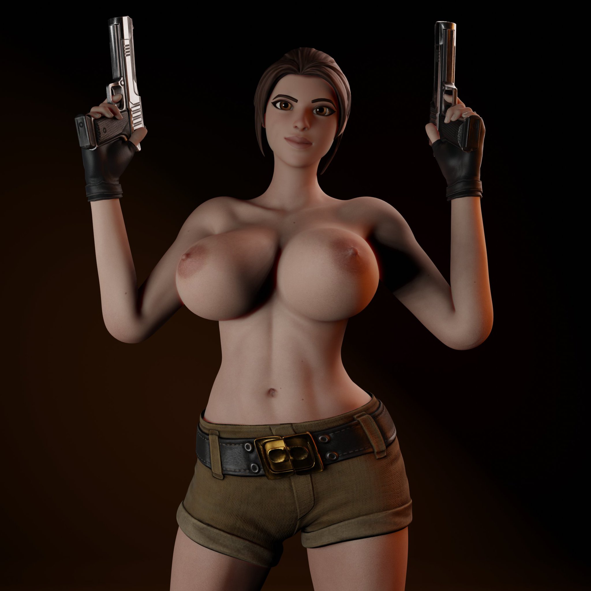 3d, belt, bottomwear, breasts, casual, clothing, female, firearm, fortnite, handgun, handwear, human, lara croft, lara croft (classic), lara croft (fortnite), no eyewear, tactical nudity, tagme, tomb raider, tomb raider (classic), topless, weapon