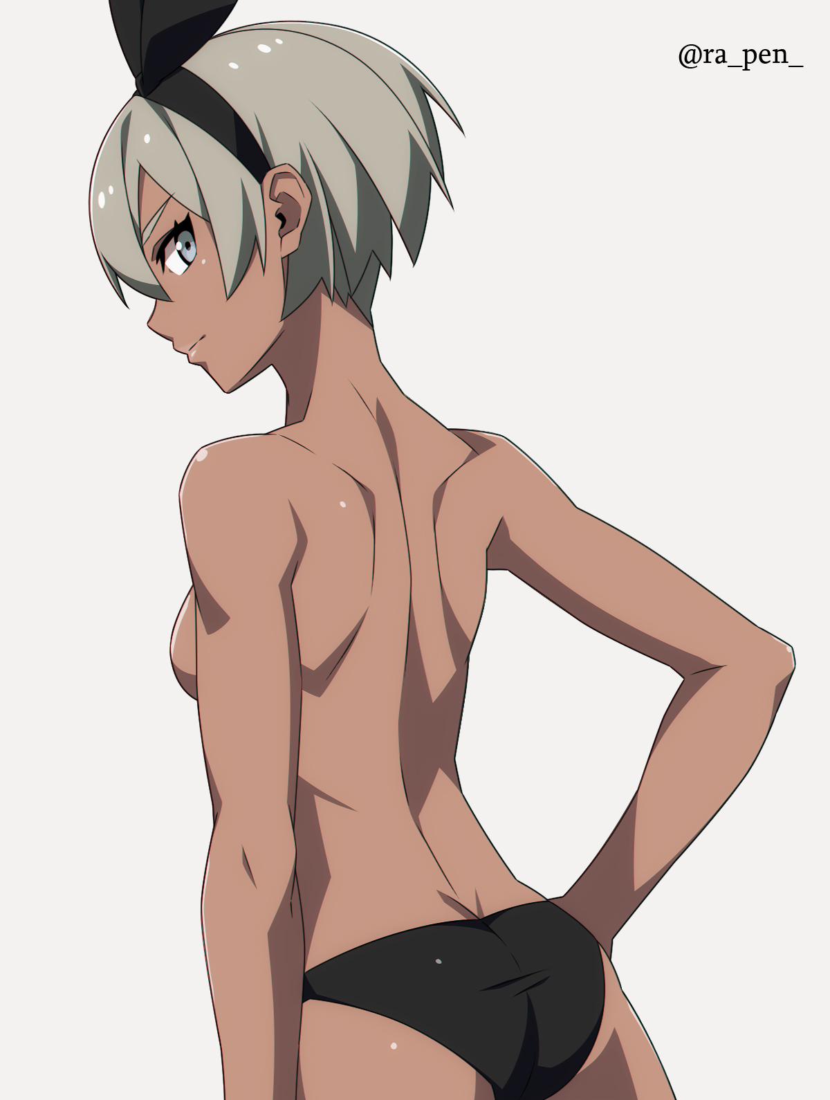 1girls, ass, bea (pokemon), breasts, female, grey hair, hair ribbon, nintendo, panties, pokemon, pokemon ss, ra pen , short hair, small breasts, solo, standing, very short hair, white background