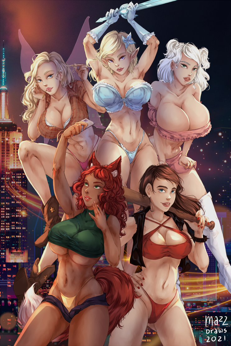 5girls blonde_hair brown_hair cleavage dog_ears dog_tail elf elf_ears fairy_wings fit_female harem huge_breasts looking_at_viewer mazzlesdraws multiple_girls pointy_ears red_hair thong underboob white_hair