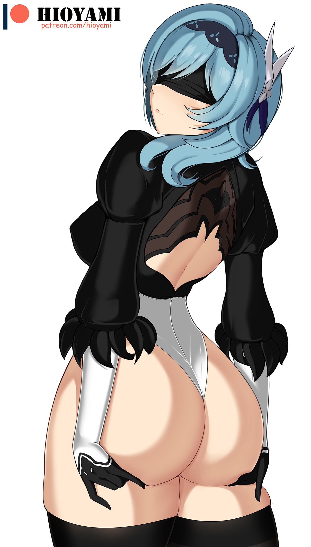 1girls, alternate costume, ass, ass grab, ass support, back view, big ass, big butt, blindfold, curvy figure, eula (genshin impact), female, genshin impact, grabbing own ass, hair ribbon, hioyami, long hair, nier: automata, solo, solo female, standing, thick ass, thick thighs, thin waist, white background, wide hips, yorha 2b (cosplay)