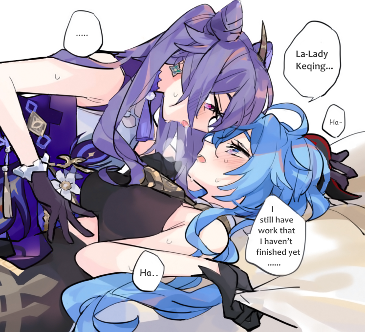 2girls against_bed bangs bare bell black_gloves blue_hair blue_shirt choker closed_mouth eye_contact eyebrows eyelashes eyeliner ganyu_(genshin_impact) genshin_impact gloves goat_horns hair_between_eyes hair_ornament heavy_breathing horns keqing_(genshin_impact) long_hair long_sleeves looking_at_another lying lying_on_person on_back ornament pale-skinned_female purple purple_eyes purple_hair rekka saliva seductive shirt short_sleeves shoulders sleeves sleeves_past_elbows twintails white_background yuri