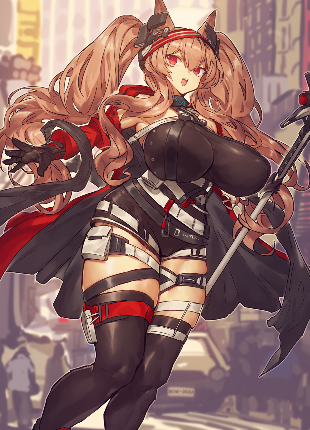 1girls angelina_(arknights) animal_ears arknights big_breasts breasts brown_hair curvaceous curvy female female_focus huge_breasts kemonomimi melon22 muscular muscular_thighs red_eyes staff thick_thighs thigh_strap thighhighs thighs twintails voluptuous wide_hips