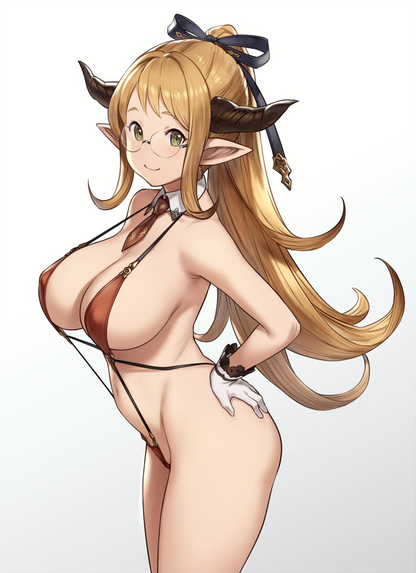 belly big_breasts breasts clothing eyewear female glasses gloves granblue_fantasy hand_on_hip handwear horn horned_humanoid houtengeki humanoid humanoid_pointy_ears sarya_(granblue_fantasy)