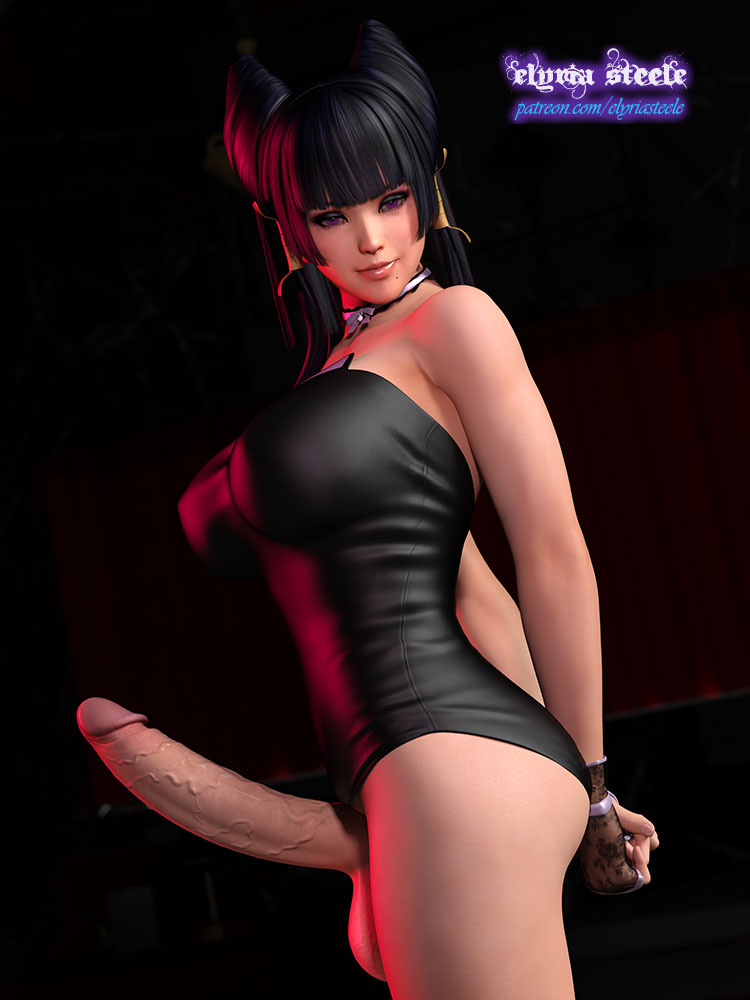 1futa, 3d, asian, asian futa, balls, big breasts, big penis, black hair, breasts, cleavage, dead or alive, elyria steele, erection, futa only, futanari, intersex, large breasts, looking at viewer, mole, mole under mouth, nyotengu, penis, penis under clothes, penis under dress, penis under skirt, purple eyes, solo, solo futa, testicles, veins, veiny penis
