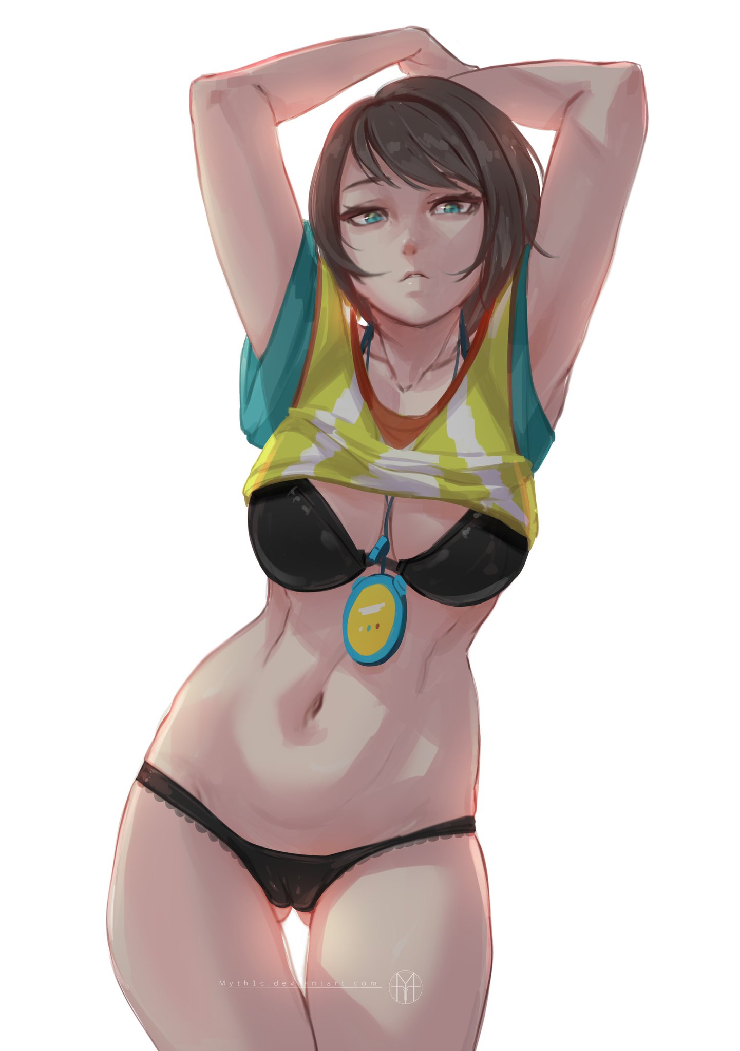 armpits, bra, breasts, brown hair, female, green eyes, hololive, hololive gen 2, hololive japan, myth1c, oozora subaru, panties, shirt, shirt lift, shirt up, short hair, thick thighs, thigh gap, tomboy, virtual youtuber