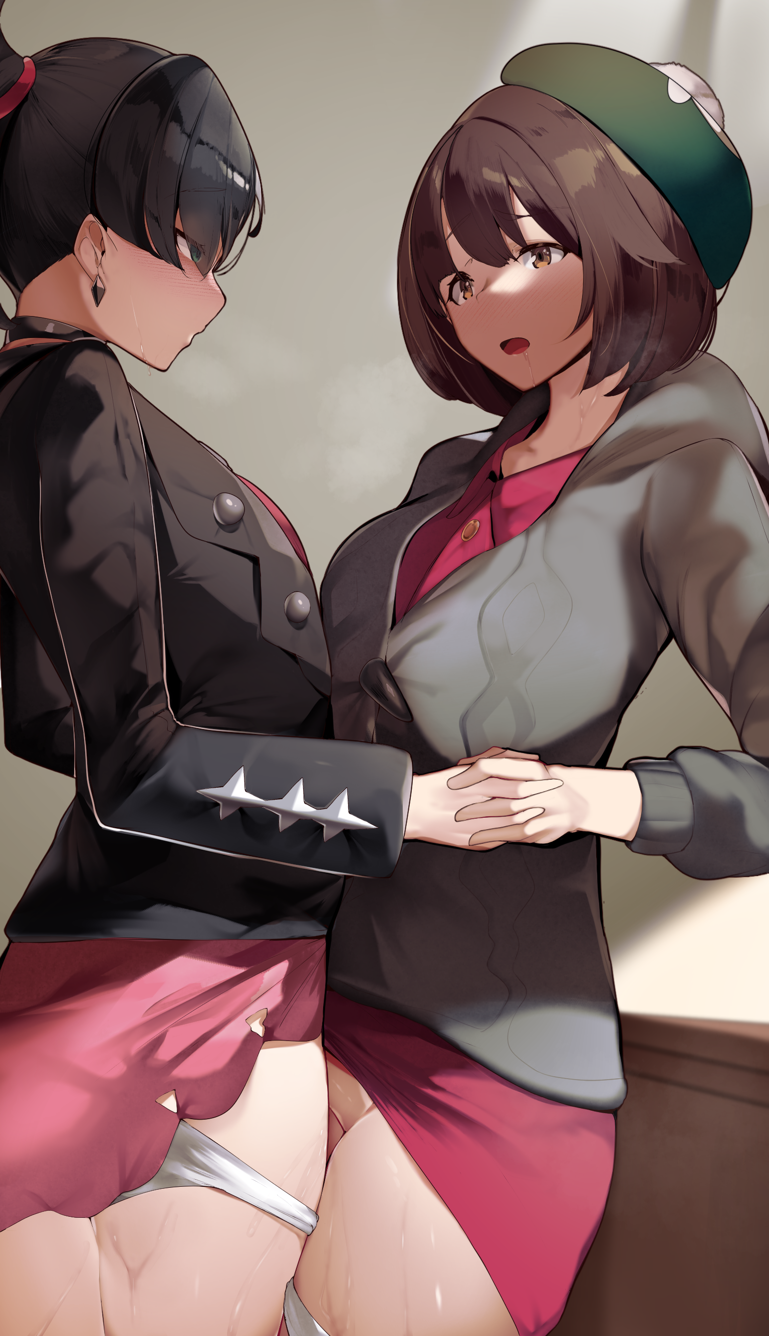 2girls, black hair, black jacket, blush, brown eyes, brown hair, cardigan, drooling, earrings, eye contact, female, game freak, gloria (pokemon), green eyes, green hat, green headwear, grey cardigan, holding hands, interlocked fingers, long sleeves, looking at another, marnie (pokemon), multiple females, multiple girls, nintendo, open mouth, panties, panties down, panty pull, pink dress, pokemon, pokemon ss, saliva, short hair, standing, sweat, tam o' shanter, thighs, underwear, white panties, yuri, yuuyuu (yuuki1771)