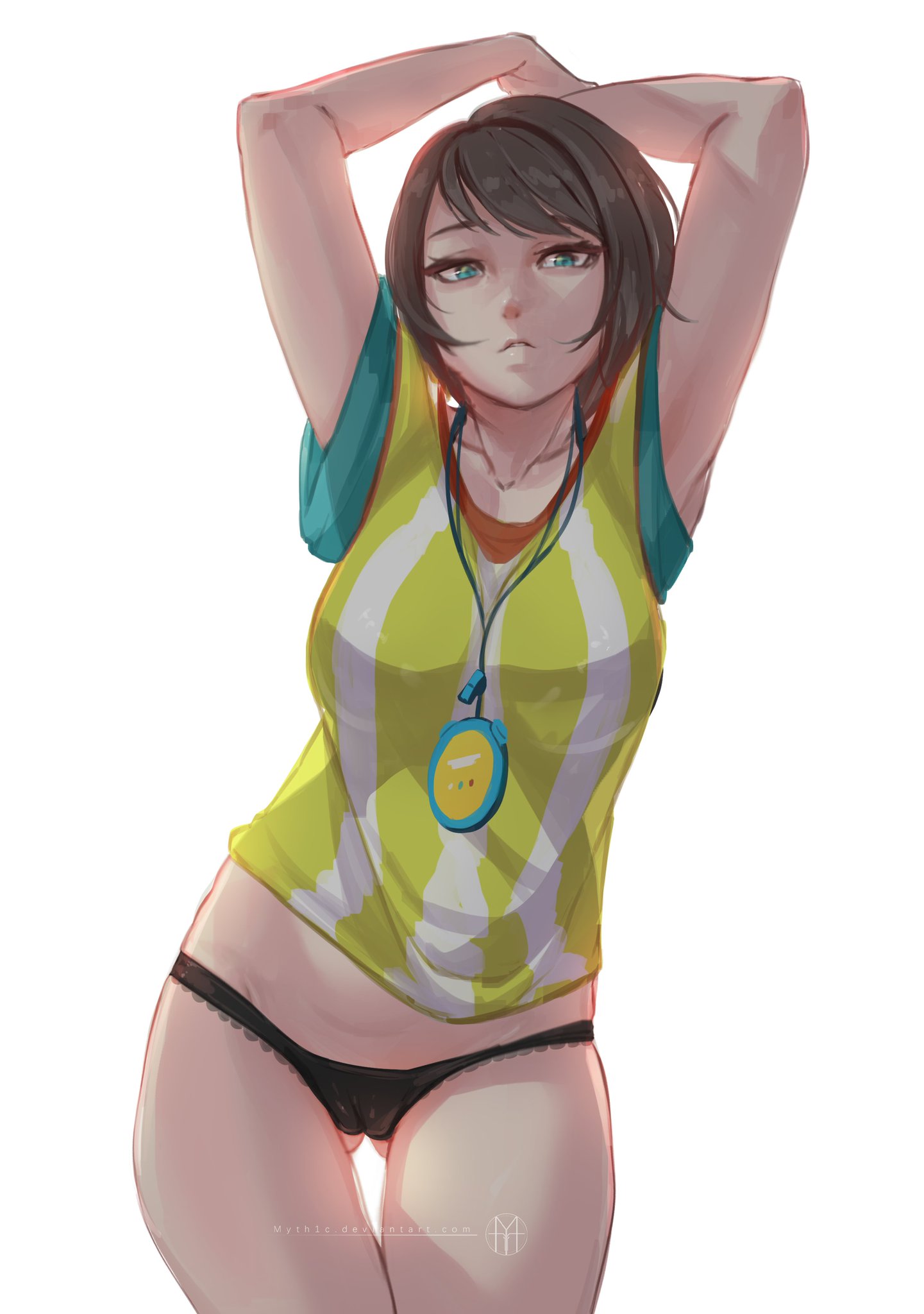 armpits, brown hair, female, green eyes, hololive, hololive gen 2, hololive japan, myth1c, oozora subaru, panties, shirt, short hair, thick thighs, thigh gap, tomboy, virtual youtuber