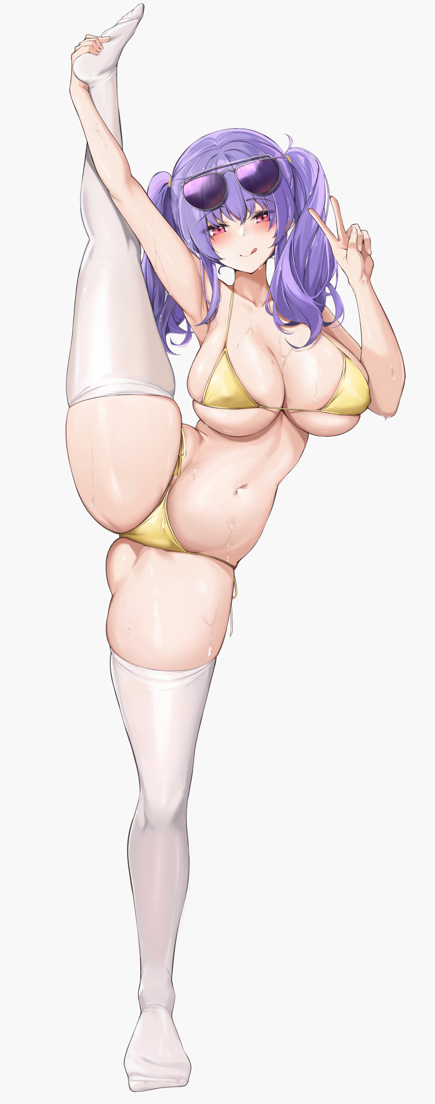 :q, absurdres, arm up, armpits, azur lane, bangs, bannou ippoutsukou, bare shoulders, bikini, blush, breasts, cleavage, closed mouth, crossed bangs, eyebrows visible through hair, eyewear on head, female, full body, gluteal fold, highres, large breasts, leg lift, leg up, licking lips, long hair, looking at viewer, navel, official alternate costume, pola (azur lane), pola (seaside coincidence) (azur lane), purple hair, red eyes, sideboob, simple background, smile, splits, standing, standing on one leg, sunglasses, swimsuit, thighhighs, thighs, tongue, tongue out, twintails, underboob, v, vertical splits, white background, white legwear, yellow bikini