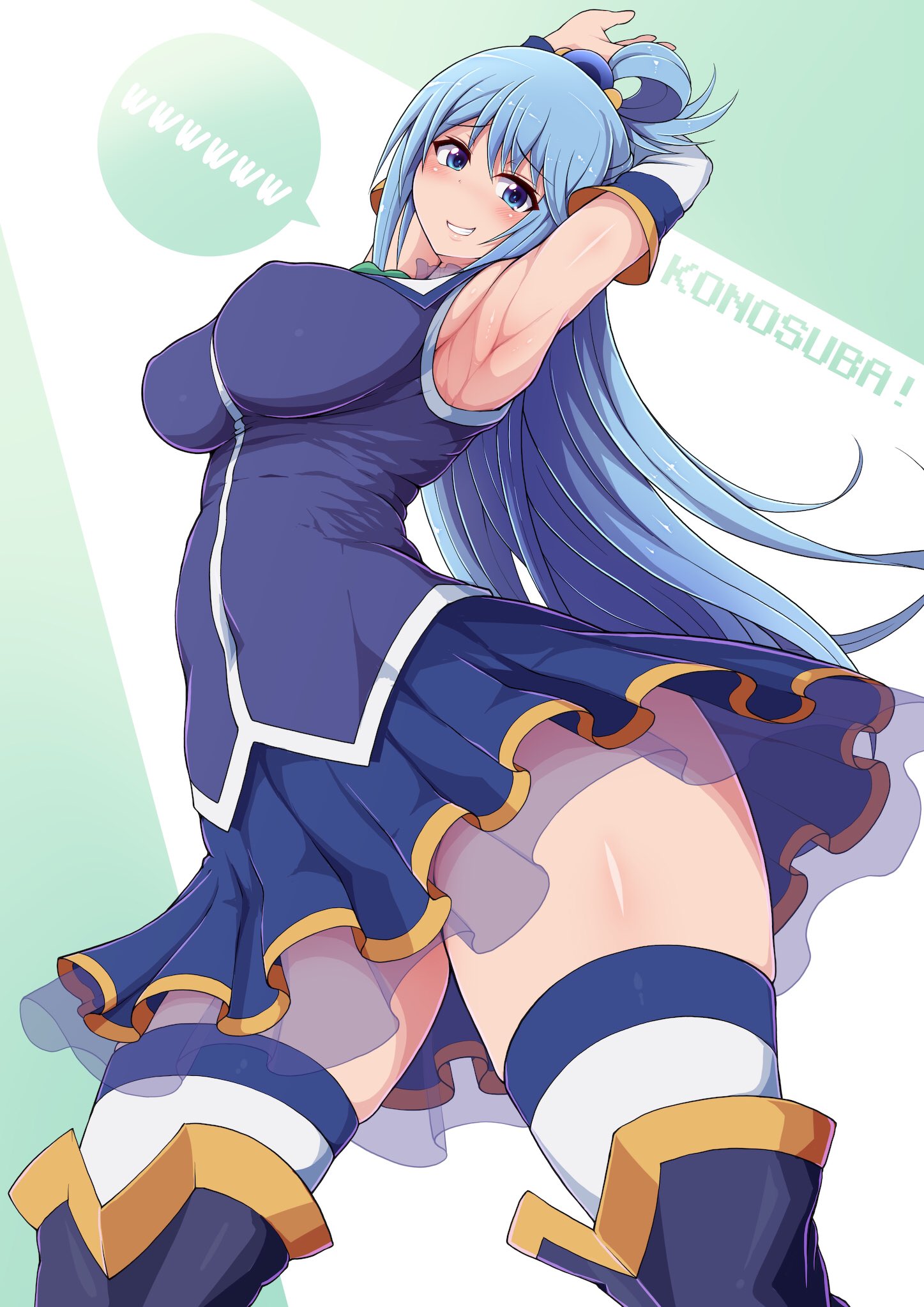 aqua (konosuba), armpits, arms behind head, armwear, blue eyes, blue hair, blush, boots, clothing, female, green background, kono subarashii sekai ni shukufuku wo!, long hair, looking at viewer, ponpo, ponytail, skirt, smile, solo, stockings