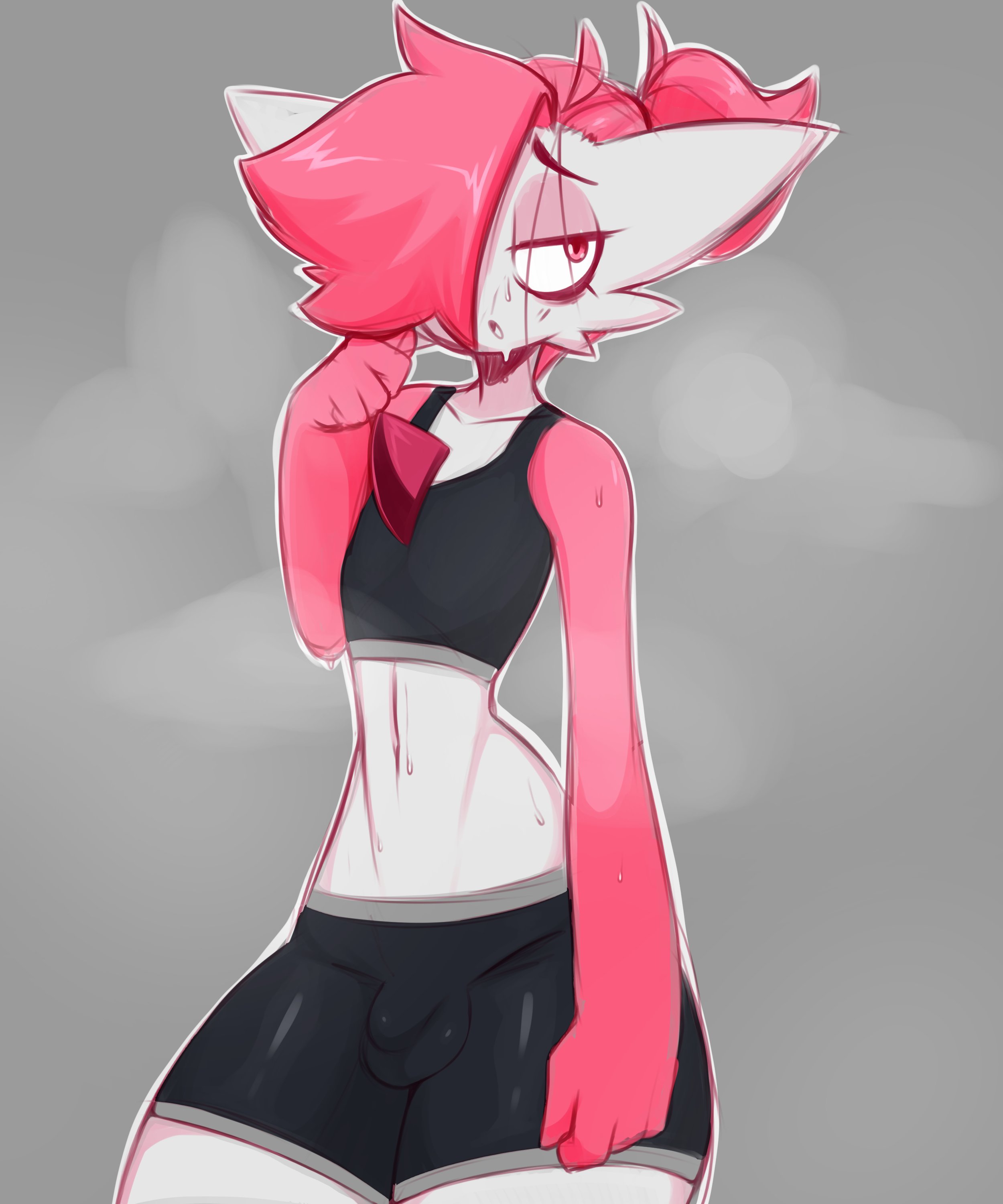 1boy, balls, bloomers, bulge, femboy, frowntown, gardevoir, girly, half-closed eyes, male, male gardevoir, male only, male pokemon, nintendo, original character, penis, penis bulge, pink (frowntown), pokémon (species), pokemon, pokemon (species), pokemon rse, solo, sports bra, standing, sweat, thick thighs, wide hips
