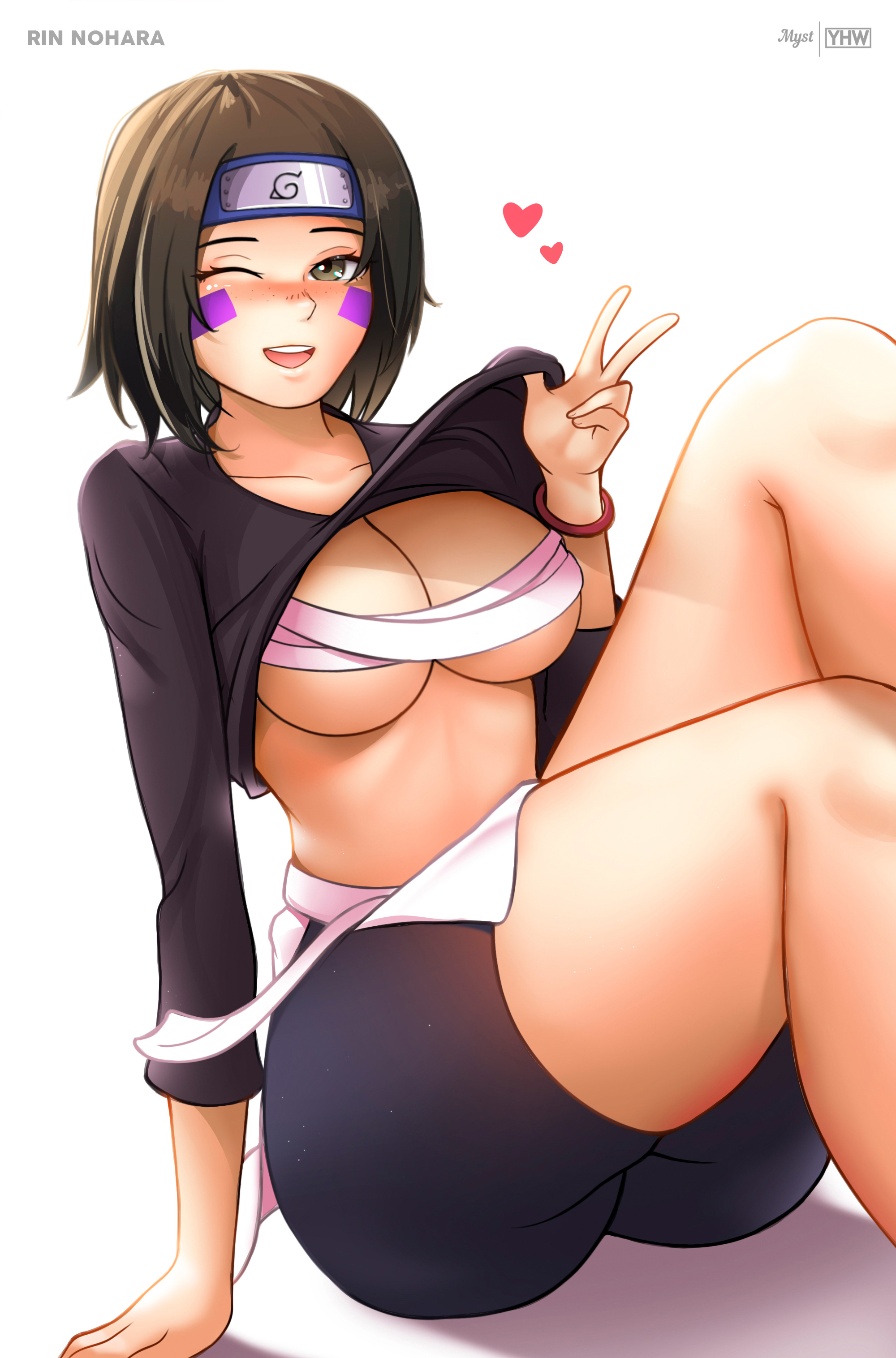 1girls, bandage, bare legs, big breasts, blush, breasts, brown hair, brunette, brunette hair, cleavage, clothed, clothing, face markings, female, female only, hearts, konohagakure symbol, kunoichi, myst, naruto, naruto (series), naruto shippuden, nohara rin, one eye closed, peace sign, purple markings, shirt lift, smile, solo, thick thighs, thighs, underboob, wink, yhw